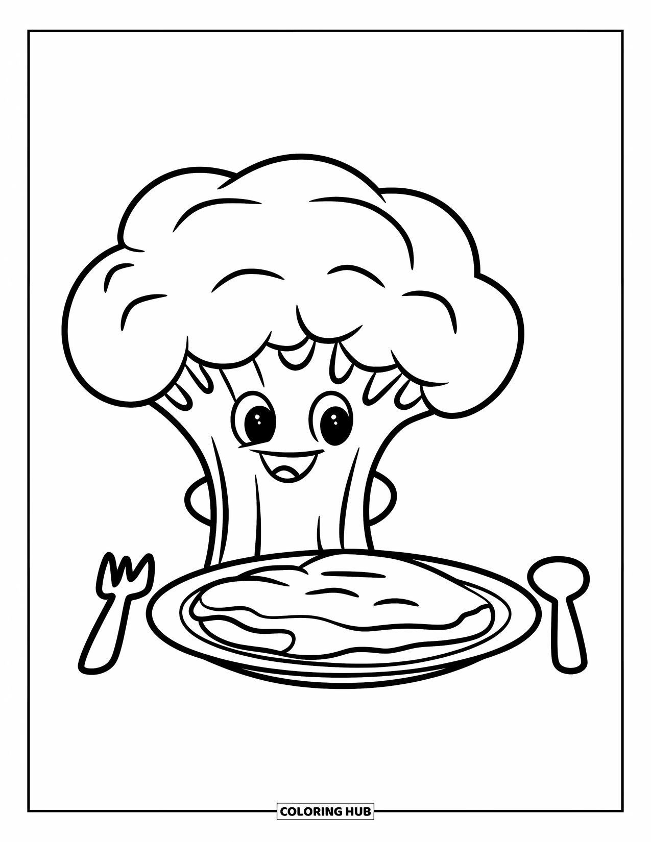 Coloriage de brocoli pour enfants : Un brocoli coiffé d'un chapeau de chef se tient à côté d'une assiette remplie de nourriture savoureuse