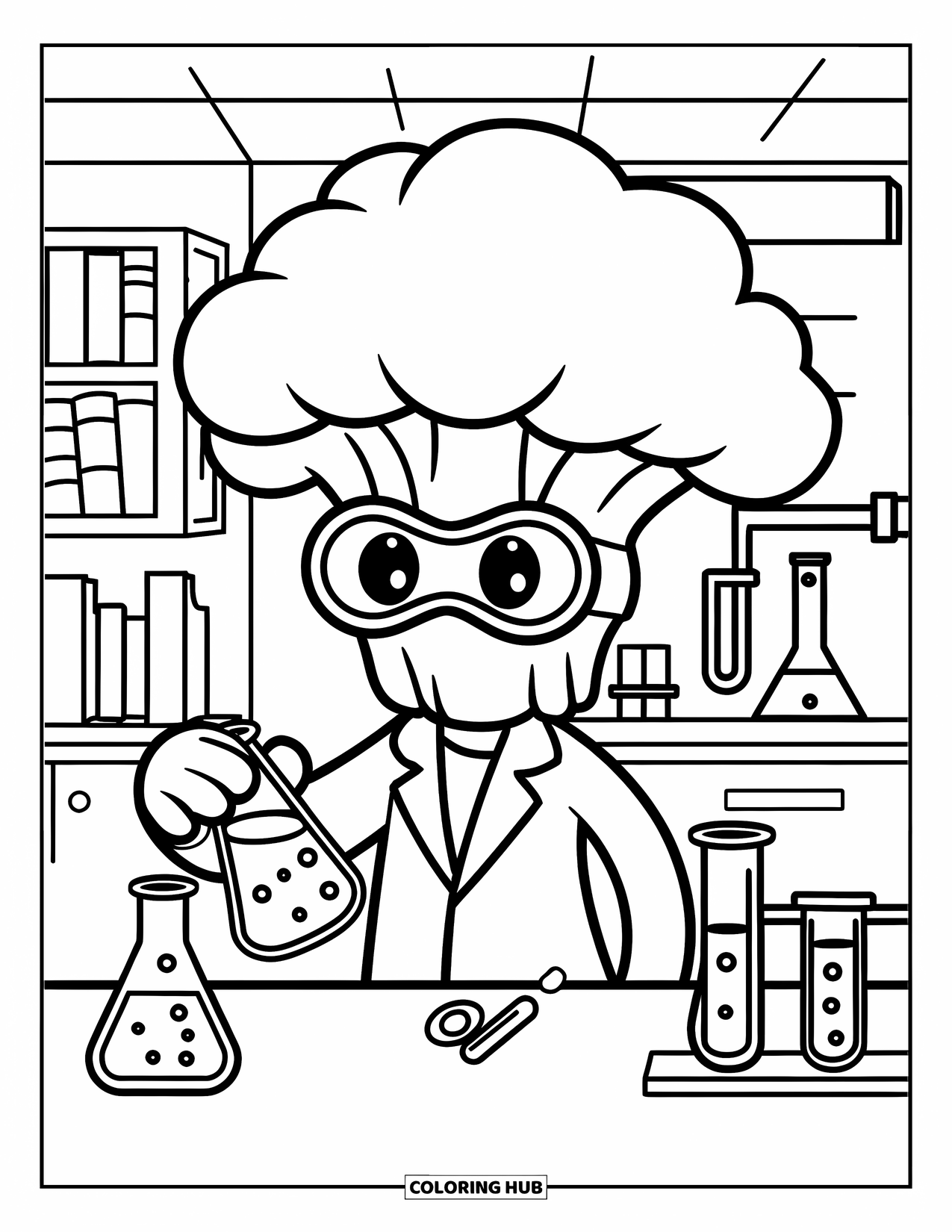Coloriage de brocoli pour enfants : Un brocoli en blouse de laboratoire verse une potion verte mystérieuse dans un laboratoire scientifique animé