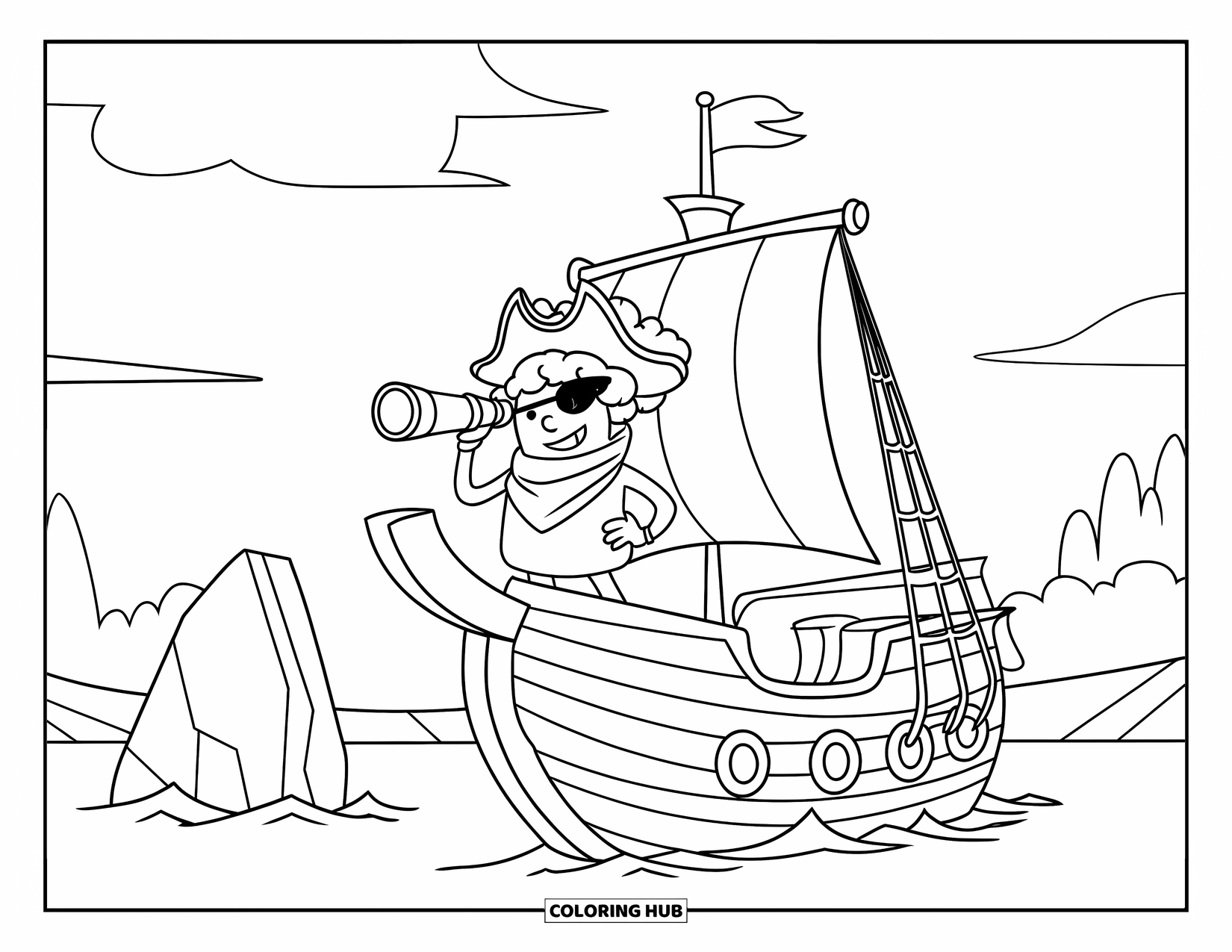 Coloriage de brocoli pour enfants : Un brocoli pirate, avec un foulard et un chapeau, regarde depuis un navire avec des voiles flottantes