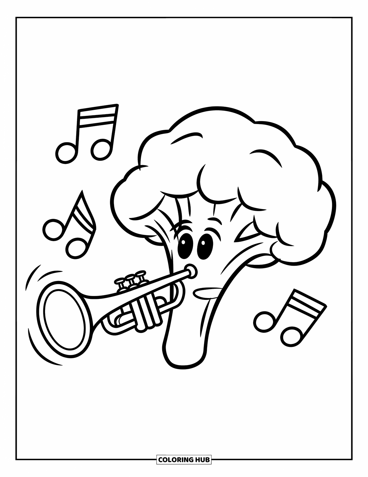 Coloriage de brocoli pour enfants : Un brocoli joue de la trompette pendant que des notes de musique dansent dans l'air