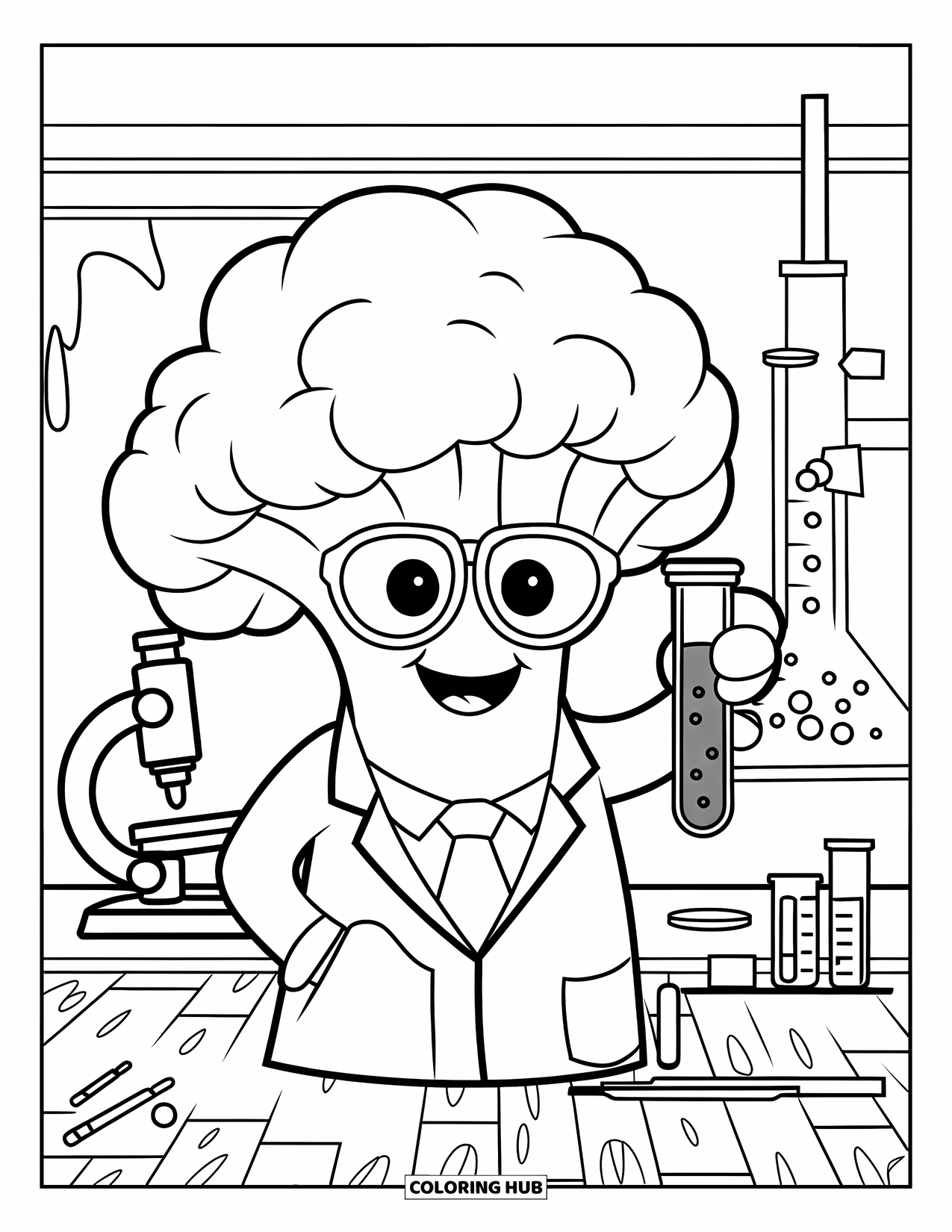 Coloriage de brocoli pour enfants : Un brocoli scientifique examine une éprouvette dans un laboratoire rempli d'équipement et de livres