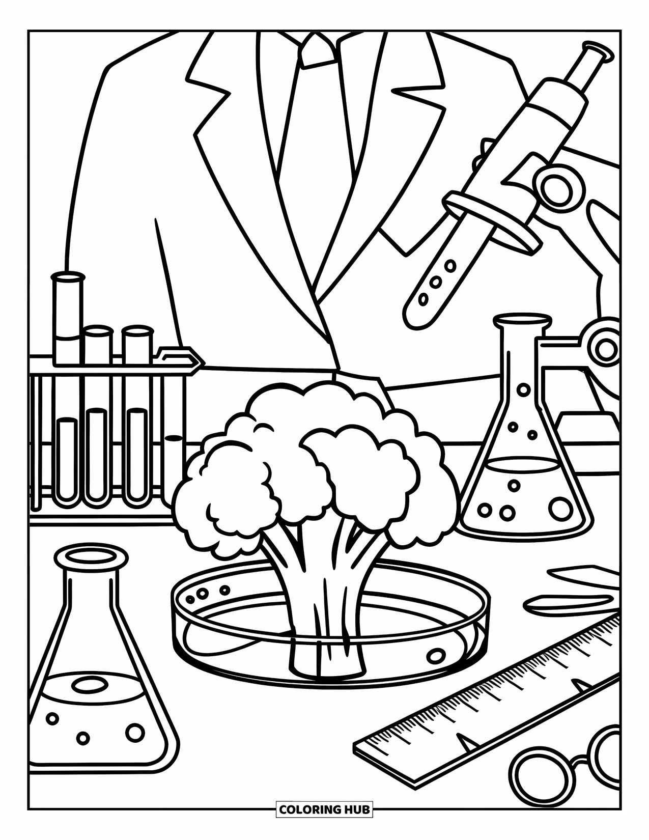 Coloriage de brocoli pour enfants : Un brocoli scientifique travaille avec des potions bouillonnantes et un microscope dans un laboratoire détaillé