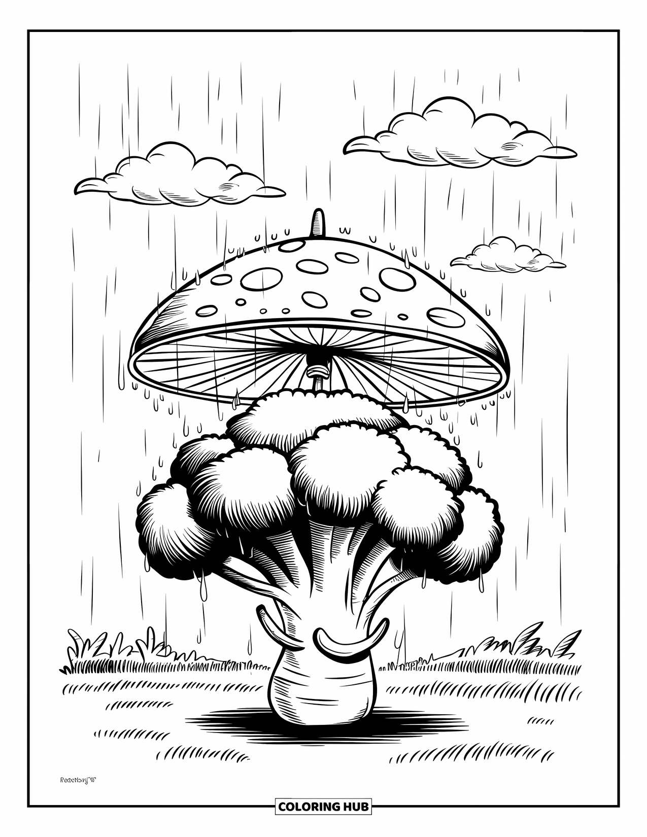 Coloriage de brocoli pour enfants : Un brocoli s'abrite sous un grand parapluie champignon tandis que des gouttes de pluie éclaboussent