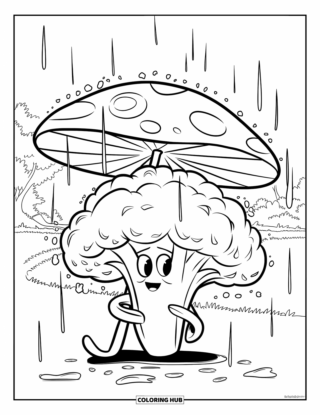 Coloriage de brocoli pour enfants : Un brocoli se tient sous un parapluie champignon géant pendant que la pluie tombe autour