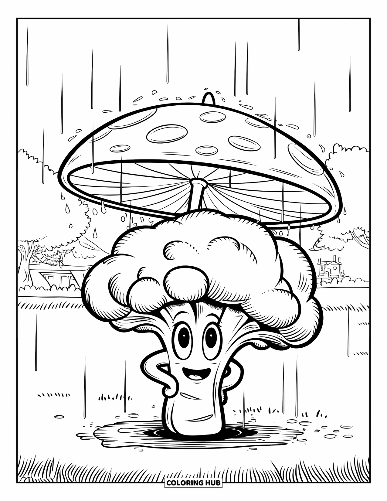 Coloriage de brocoli pour enfants : Un brocoli reste au sec sous un parapluie en forme de champignon alors que la pluie tombe à verse