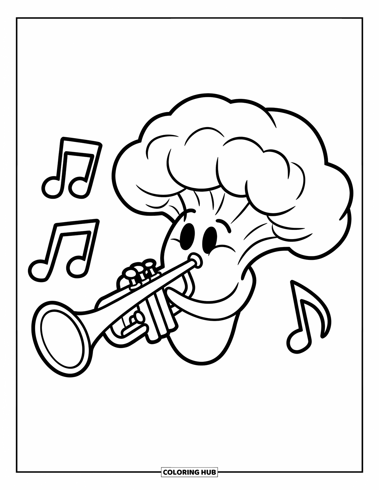 Coloriage de brocoli pour enfants : Un brocoli trompettiste emplit l'air de musique tout en étant entouré de notes tourbillonnantes