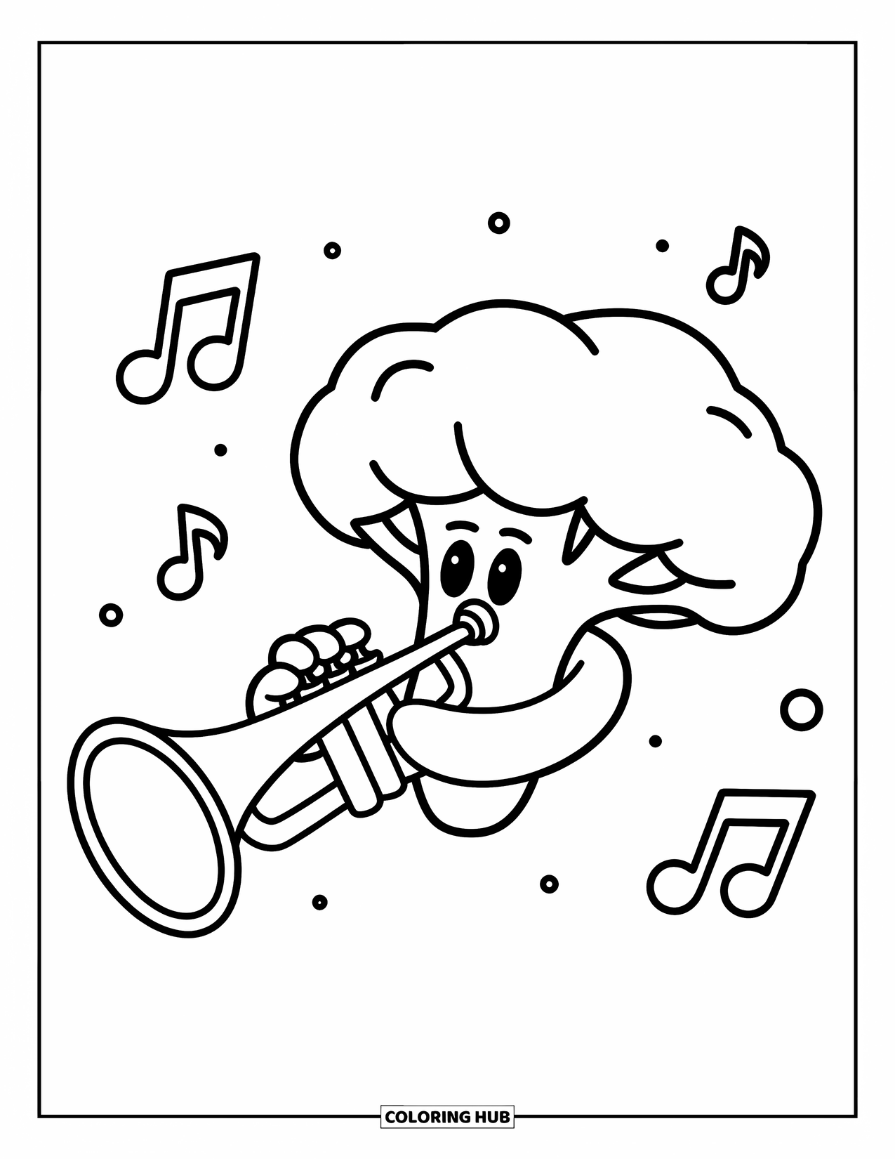 Coloriage de brocoli pour enfants : Un brocoli trompettiste joue joyeusement avec des notes de musique flottantes