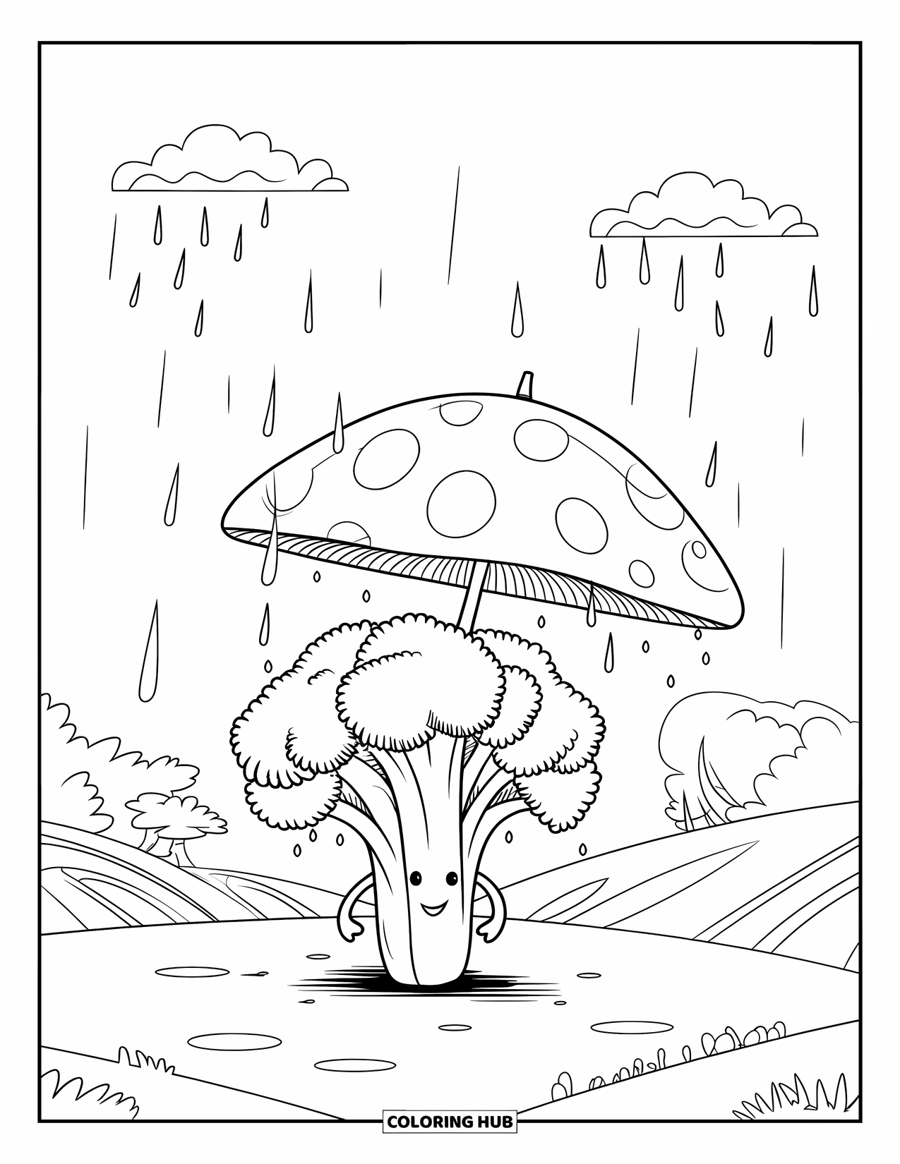 Coloriage de brocoli pour enfants : Un brocoli regarde les gouttes de pluie tomber tout en se tenant sous un parapluie champignon imposant