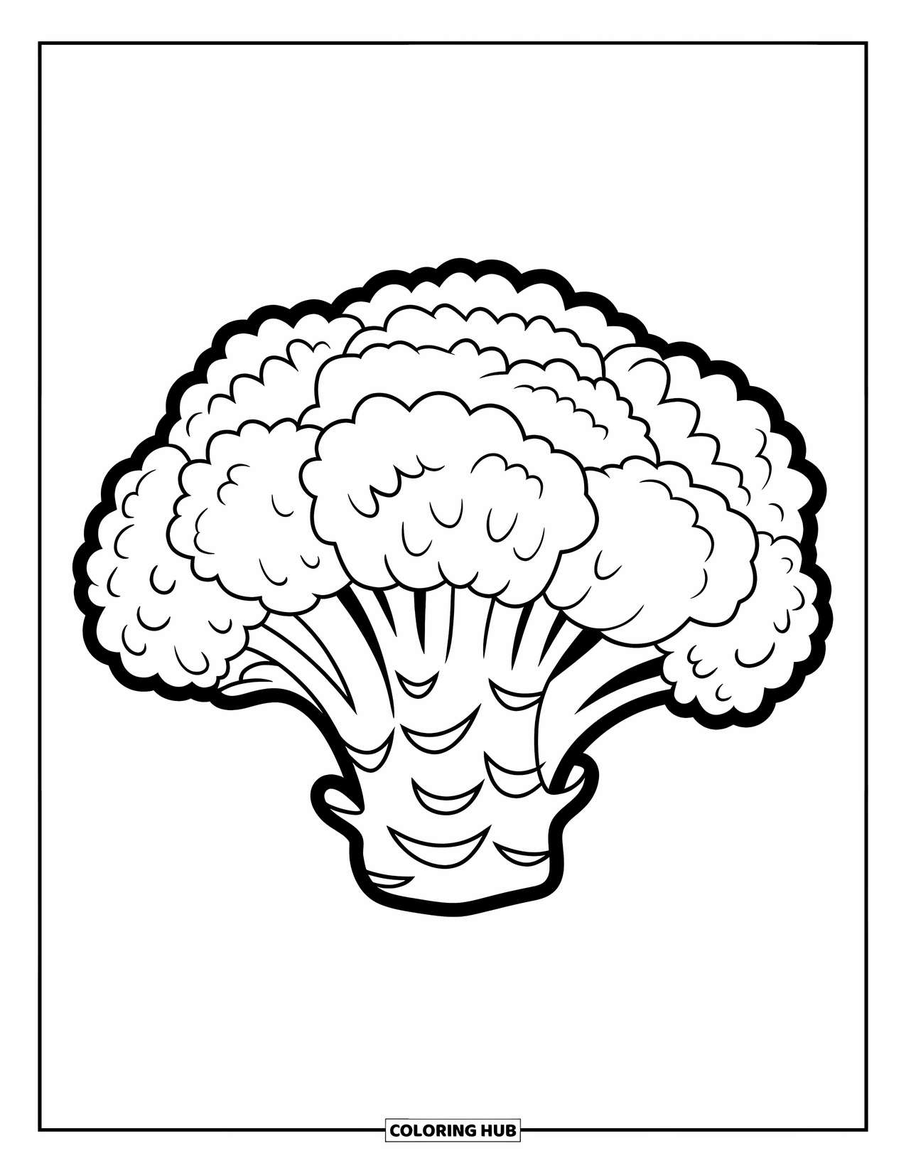 Coloriage de brocoli pour enfants : Un brocoli avec une tige forte et un fleuron rond est assis sur un fond propre