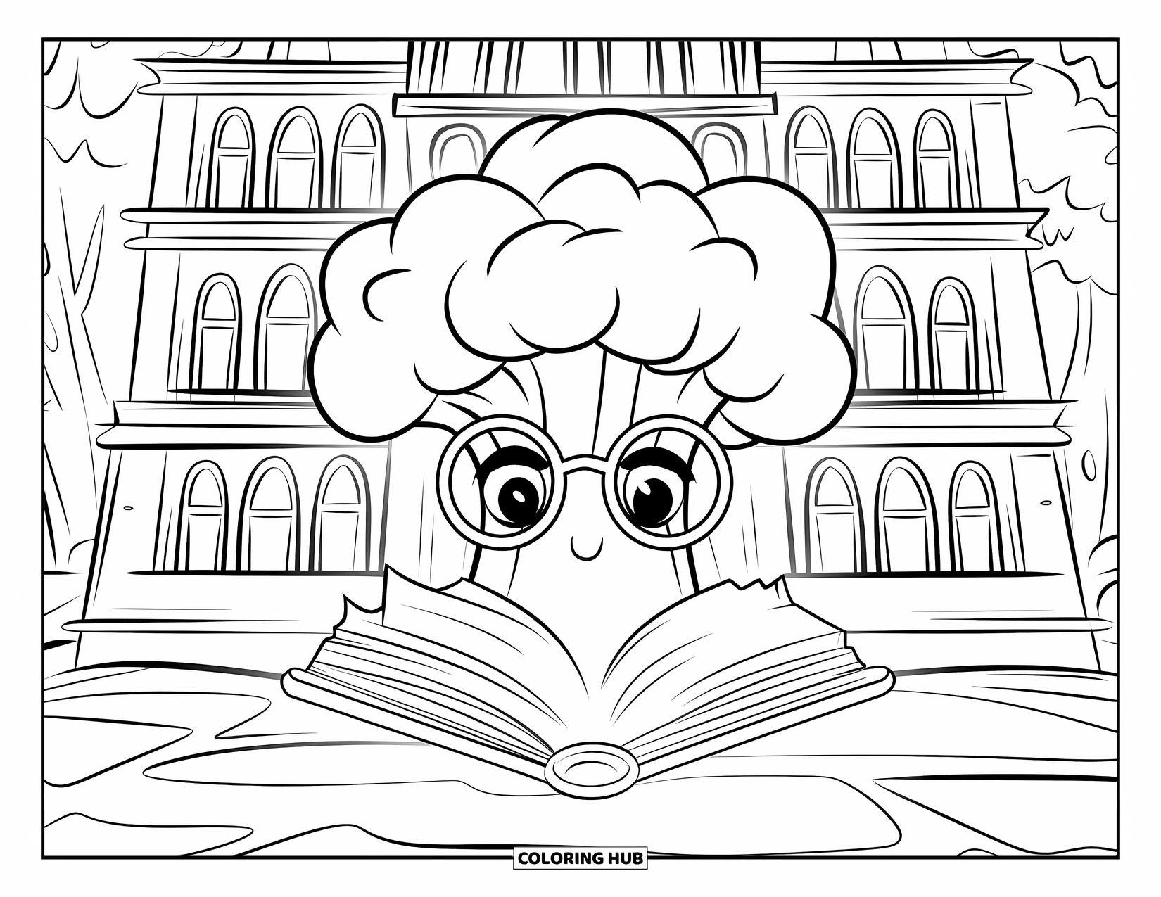 Coloriage de brocoli pour enfants : Un brocoli avec des lunettes serre un livre lumineux devant une bibliothèque aux fenêtres cintrées