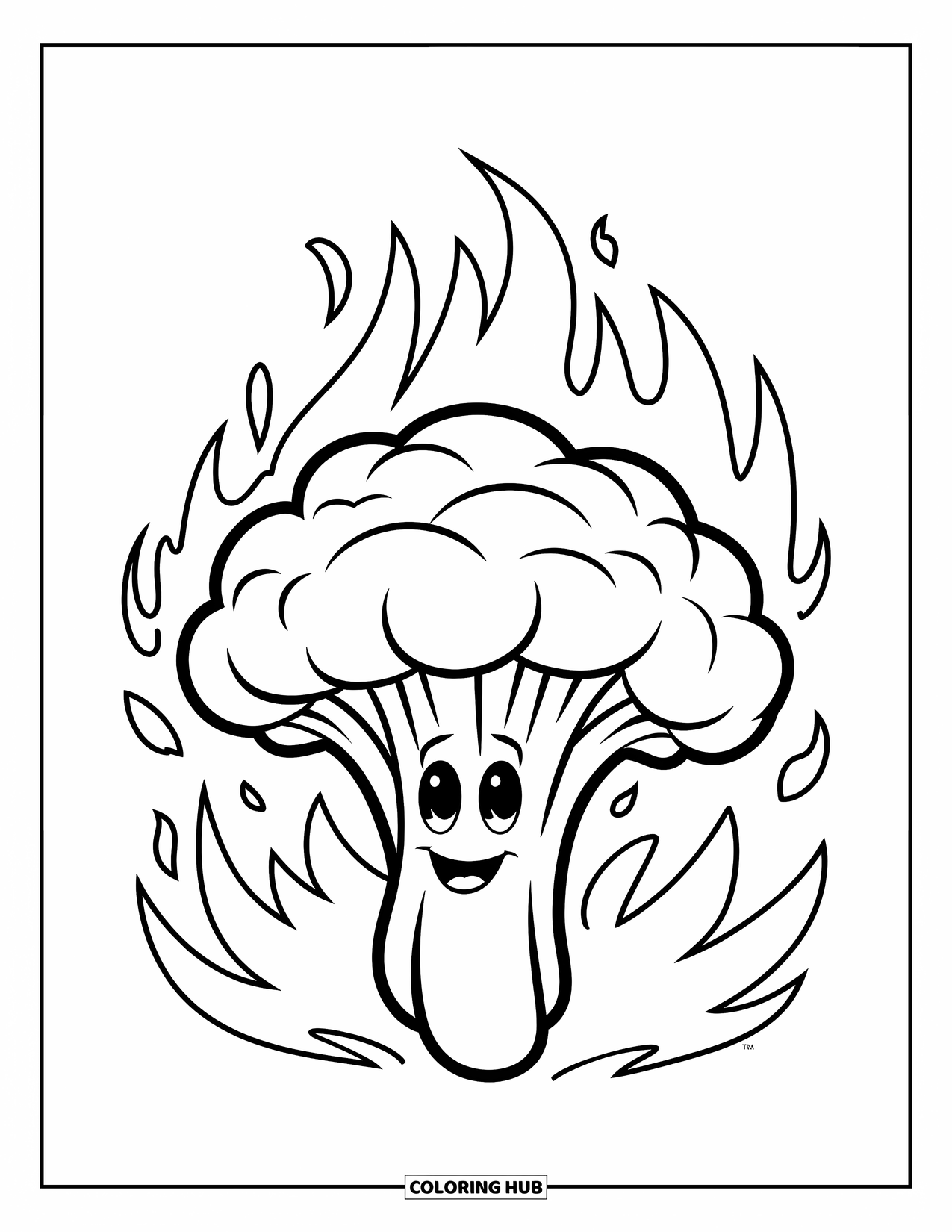 Coloriage de brocoli pour enfants : Un fleuron de brocoli joyeux entouré de flammes enjouées sourit au spectateur