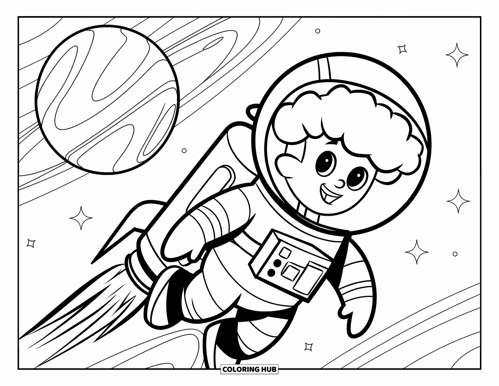 Coloriage de brocoli pour enfants : Un brocoli astronaute souriant dérive dans l'espace avec des étoiles et une traînée de fusée enfumée