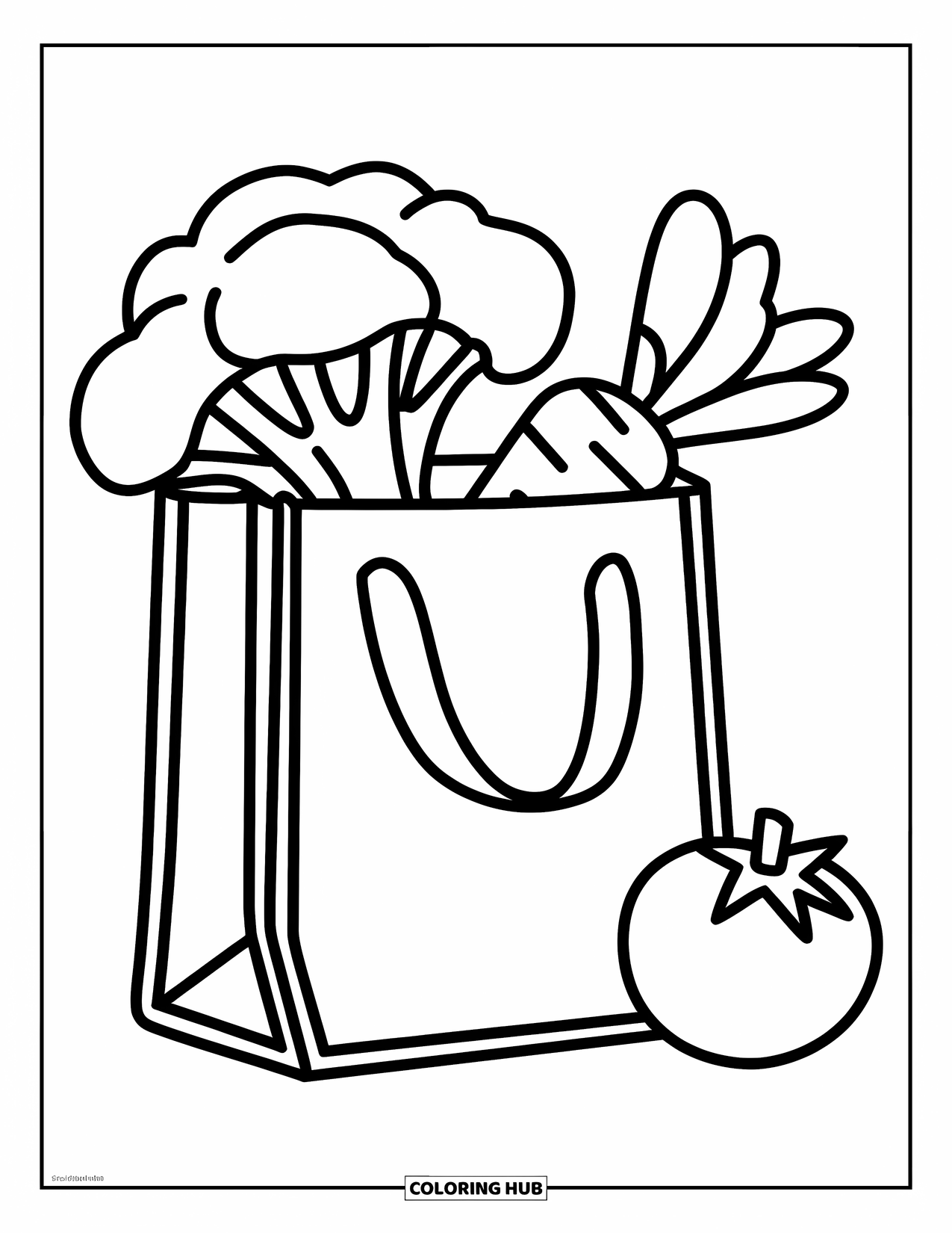 Coloriage de brocoli pour enfants : Un sac d'épicerie rempli de légumes frais, dont des brocolis et des carottes, repose à proximité