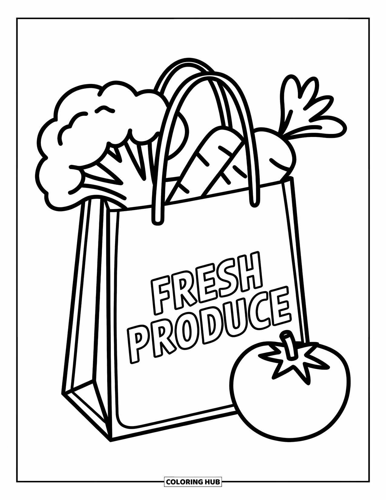 Coloriage de brocoli pour enfants : Un sac d'épicerie étiqueté « Produits frais » contient un brocoli, une carotte et une tomate