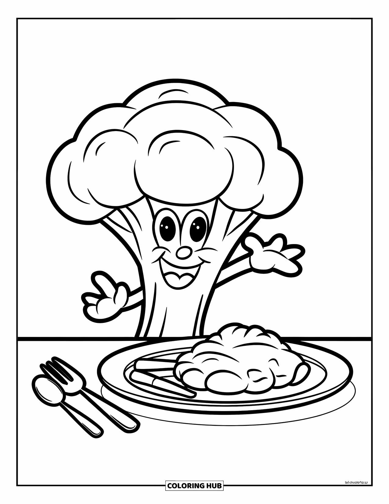 Coloriage de brocoli pour enfants : Un brocoli heureux se tient à côté d'une assiette de nourriture avec une fourchette et une cuillère