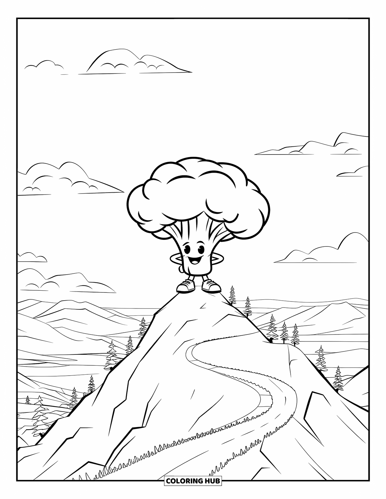 Coloriage de brocoli pour enfants : Un brocoli portant un casque se tient au sommet d'une montagne avec des sentiers de randonnée et des arbres en contrebas