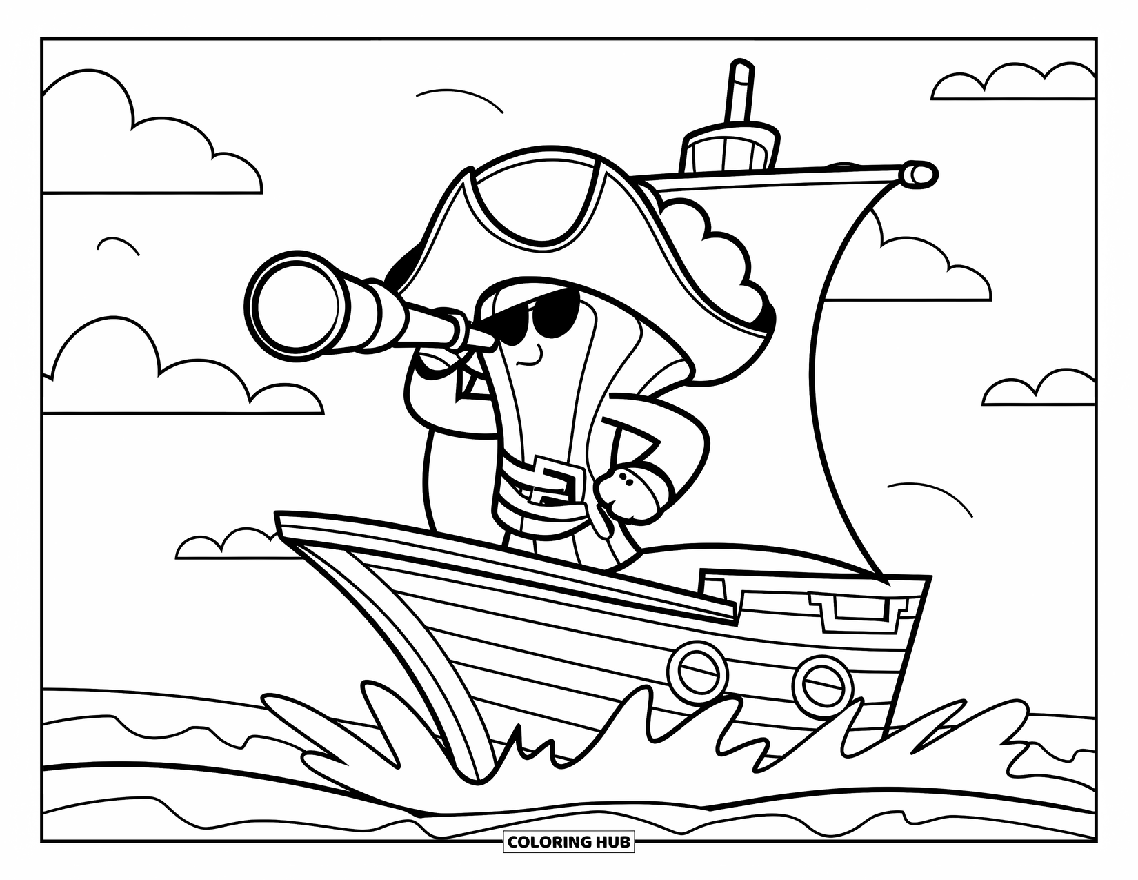 Coloriage de brocoli pour enfants : Un brocoli pirate, l'épée à la main, scrute les mers agitées depuis le pont de son navire