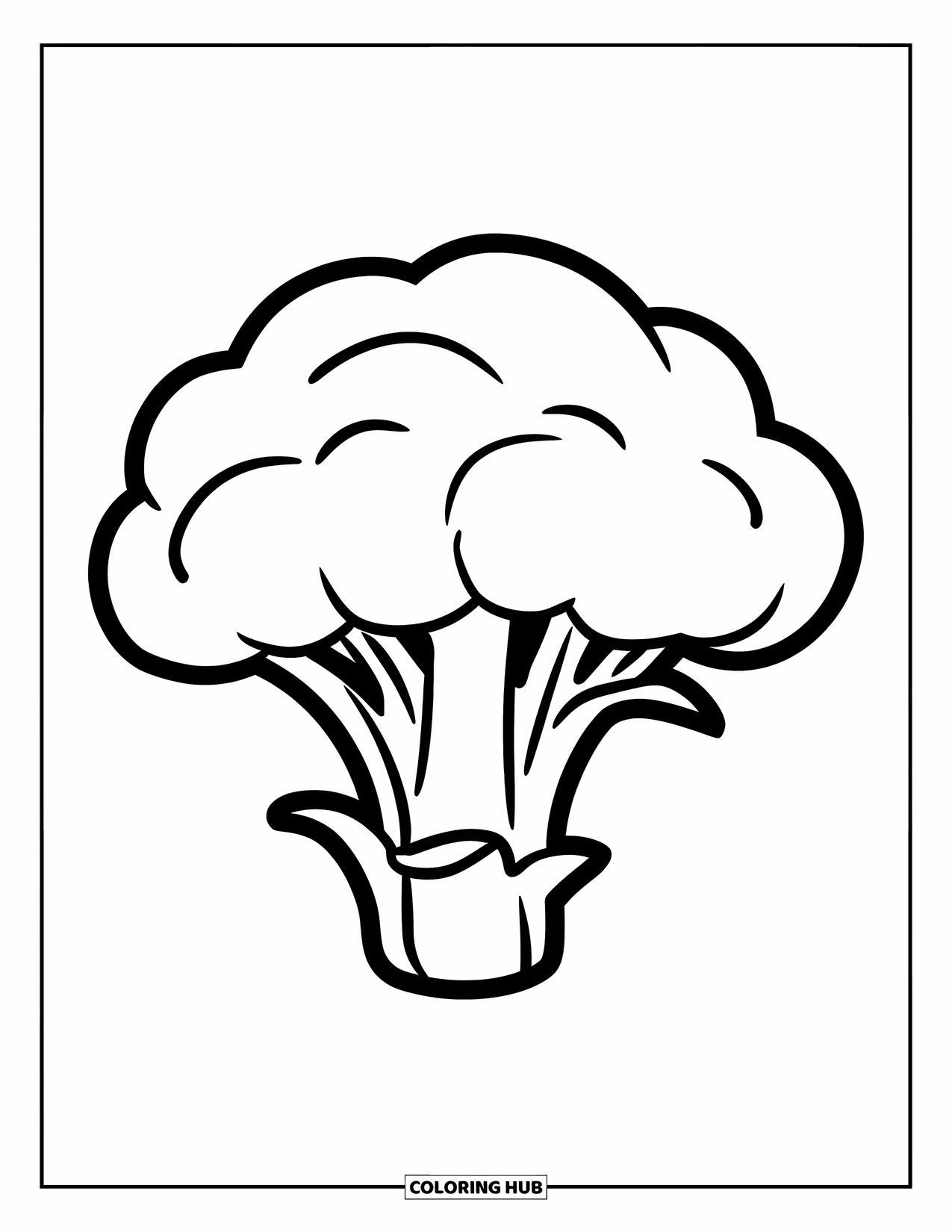 Coloriage de brocoli pour enfants : Un brocoli enjoué avec une structure simple se tient joyeusement, attendant d'être colorié