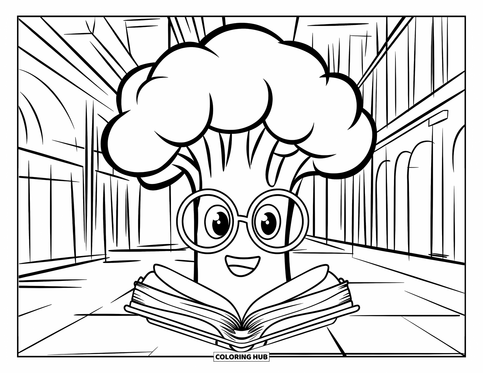 Coloriage de brocoli pour enfants : Un brocoli érudit avec des lunettes se tient devant une grande bibliothèque, tenant un ancien livre lumineux