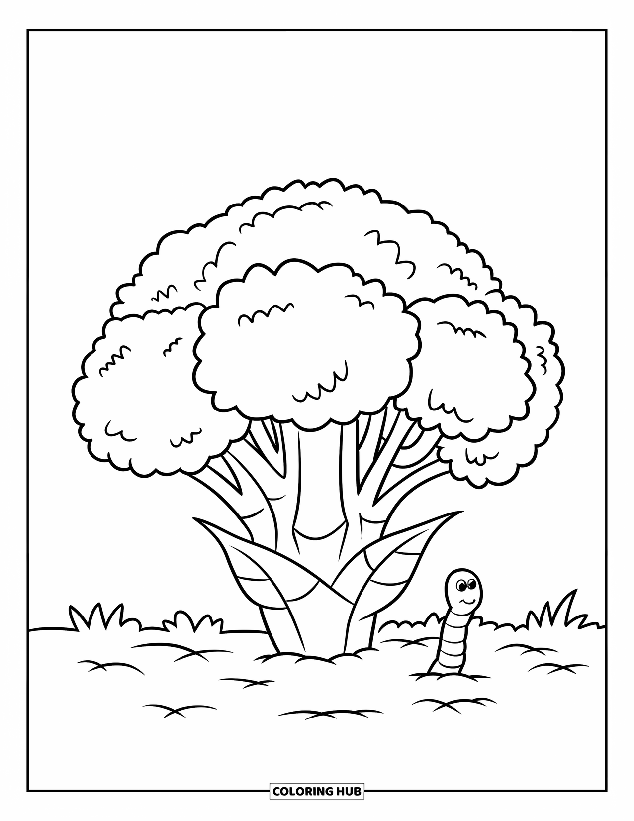 Coloriage de brocoli pour enfants : Un petit ver regarde curieusement un brocoli grandir dans un jardin paisible