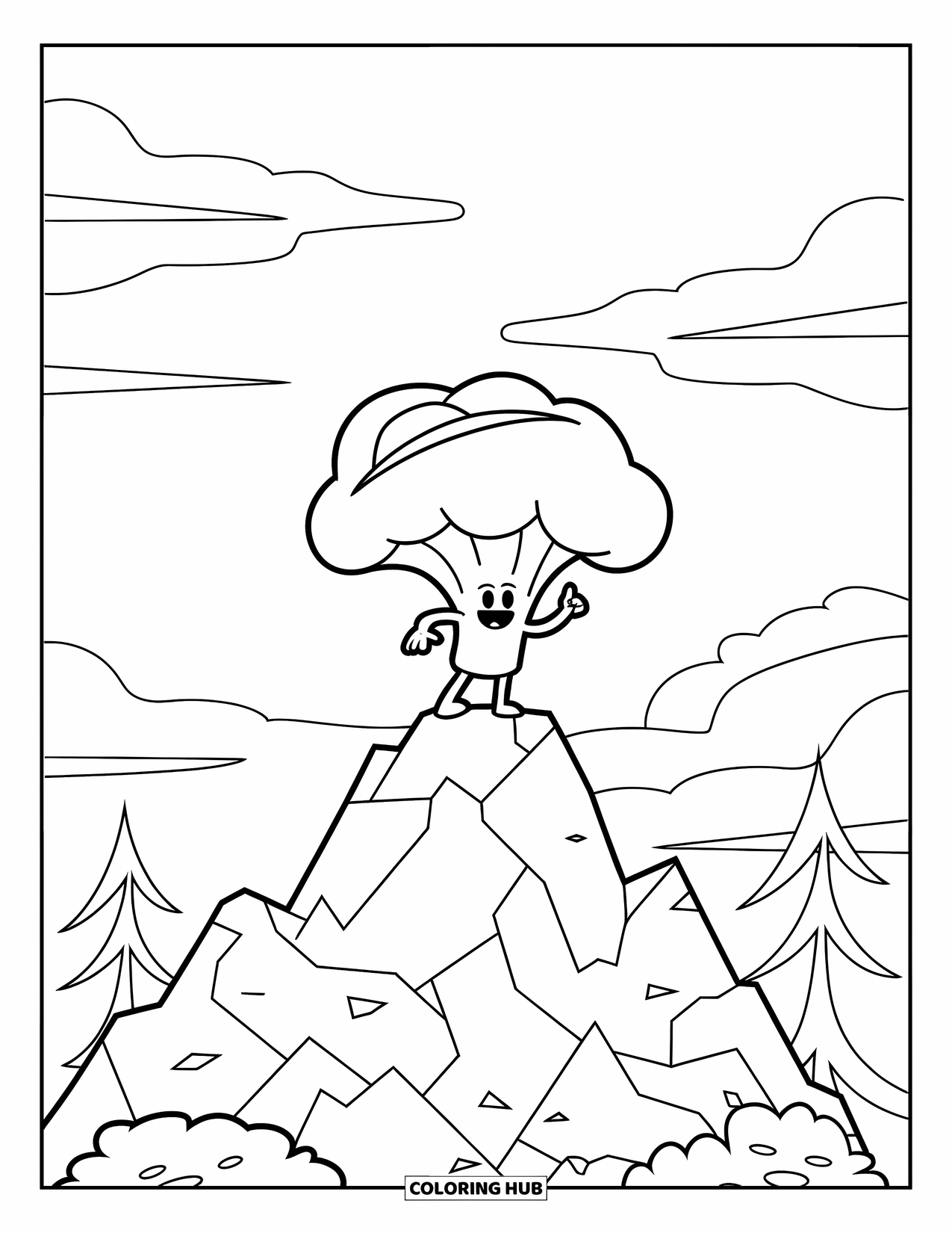 Coloriage de brocoli pour enfants : Un brocoli souriant avec un chapeau se tient avec assurance sur un pic montagneux rocheux