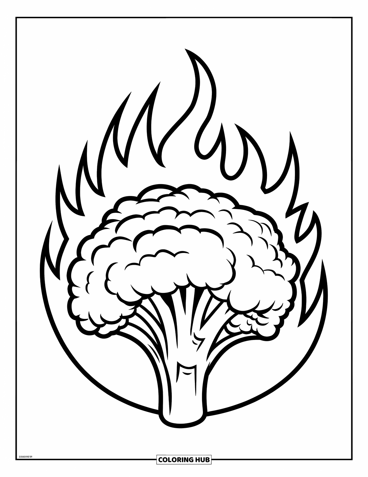 Coloriage de brocoli pour enfants : Un fleuron de brocoli stylisé brûle avec des flammes intenses dans un design audacieux de style bande dessinée