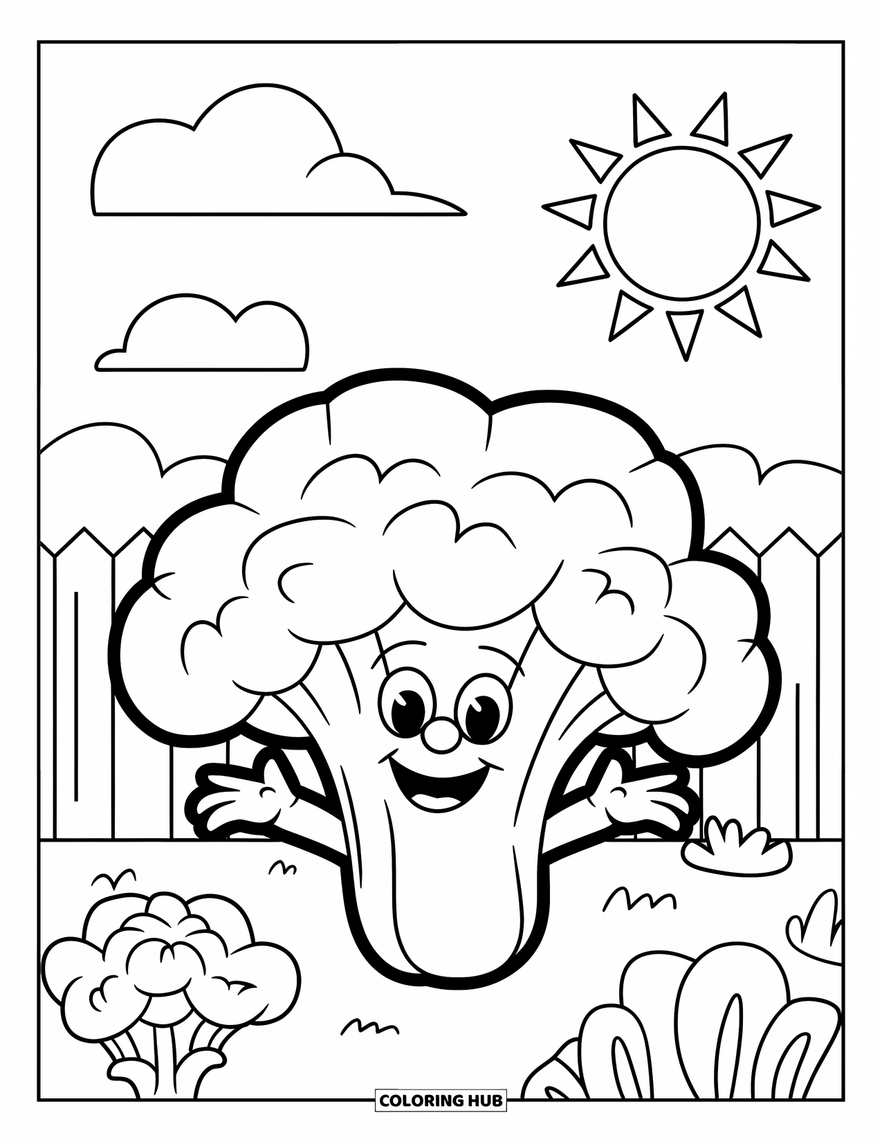 Coloriage de brocoli pour enfants : Un brocoli qui fait signe se tient dans un jardin avec le soleil qui brille de mille feux au-dessus