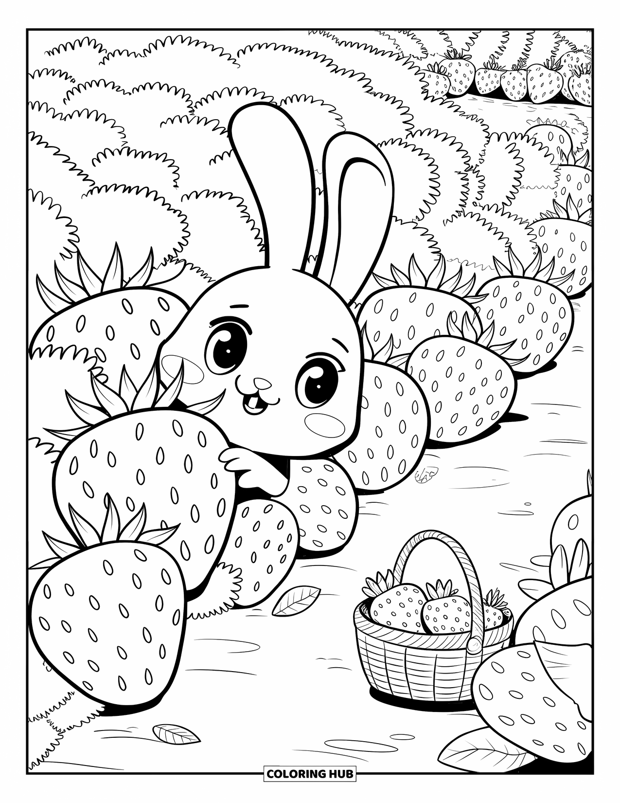 Kolorowanka z Królikiem dla Dorosłych: Króliczek z ciekawością wygląda zza krzaka truskawek z koszykiem pełnym owoców