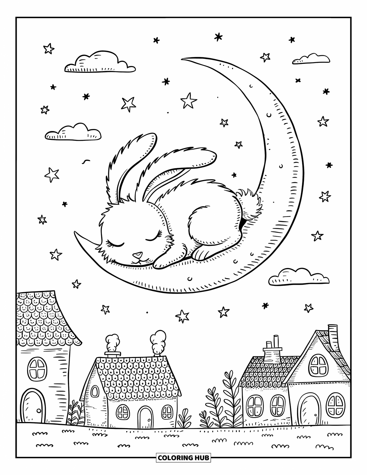 Kolorowanka z króliczkiem dla dorosłych: Króliczek zwija się w kłębek i śpi spokojnie na rogaliku księżyca nad cichą wioską.