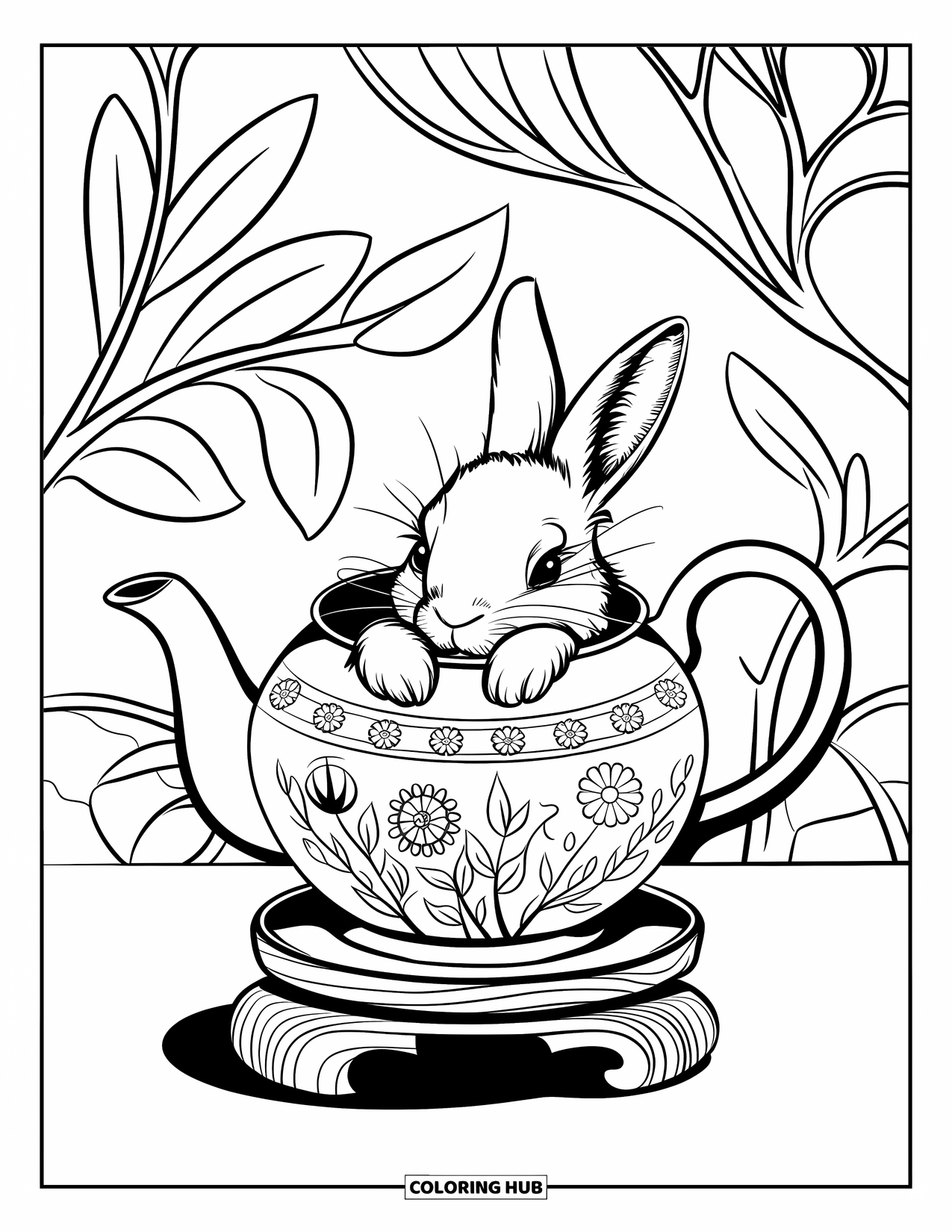 Kolorowanka z króliczkiem dla dorosłych: Króliczek zwija się w kłębek wewnątrz ozdobnego imbryka, otoczony wzorami z liści.