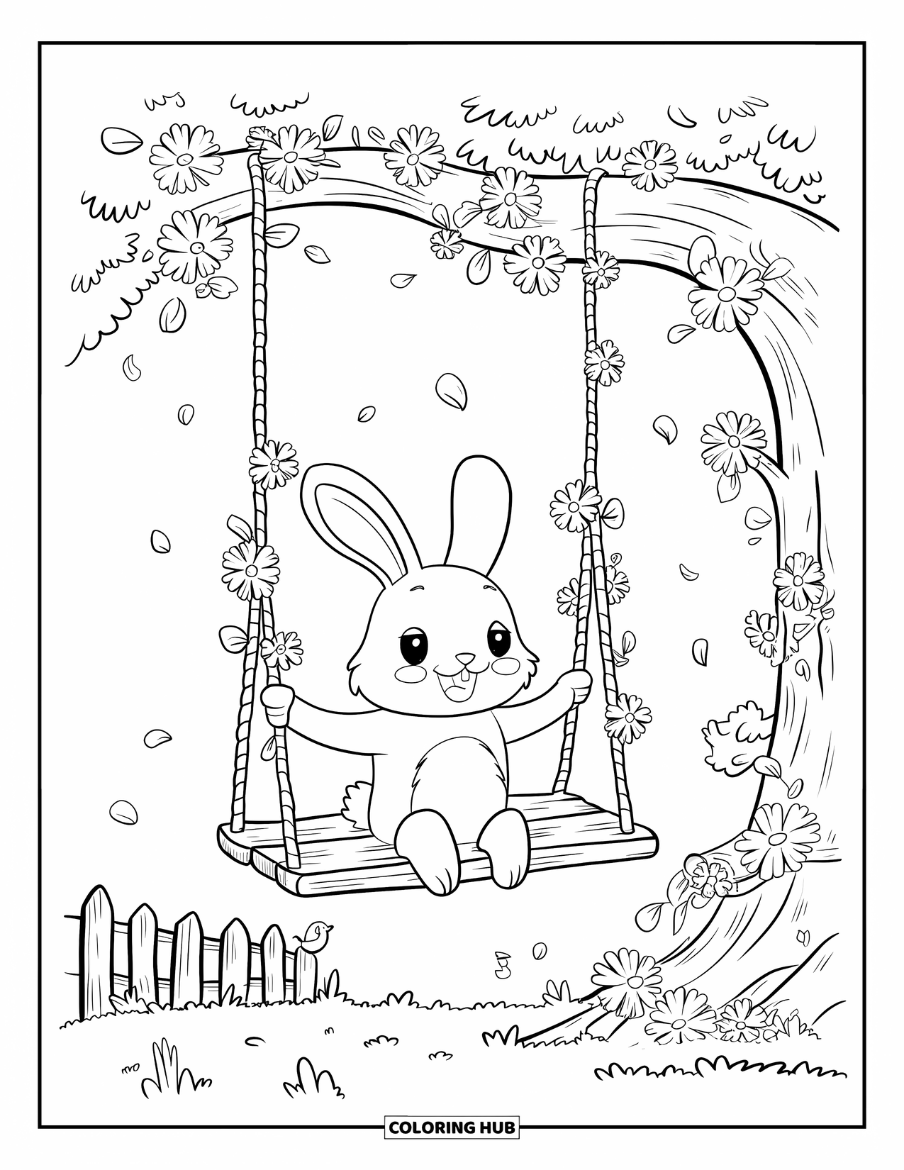 Kolorowanka z króliczkiem dla dorosłych: Króliczek delikatnie huśta się na gałęzi drzewa, otoczony unoszącymi się płatkami kwiatów.