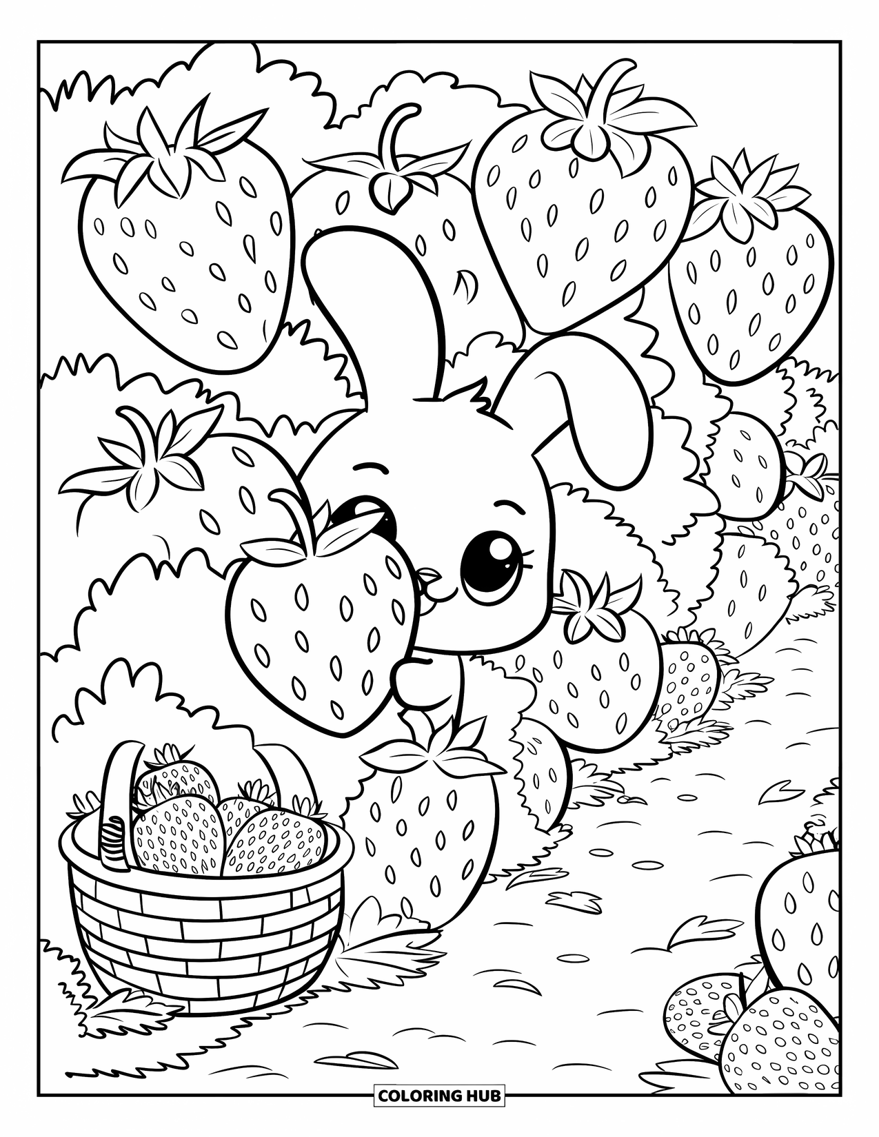 Kolorowanka z Królikiem dla Dorosłych: Króliczek chowa się za krzakiem truskawek, a w pobliżu leży mały koszyk owoców