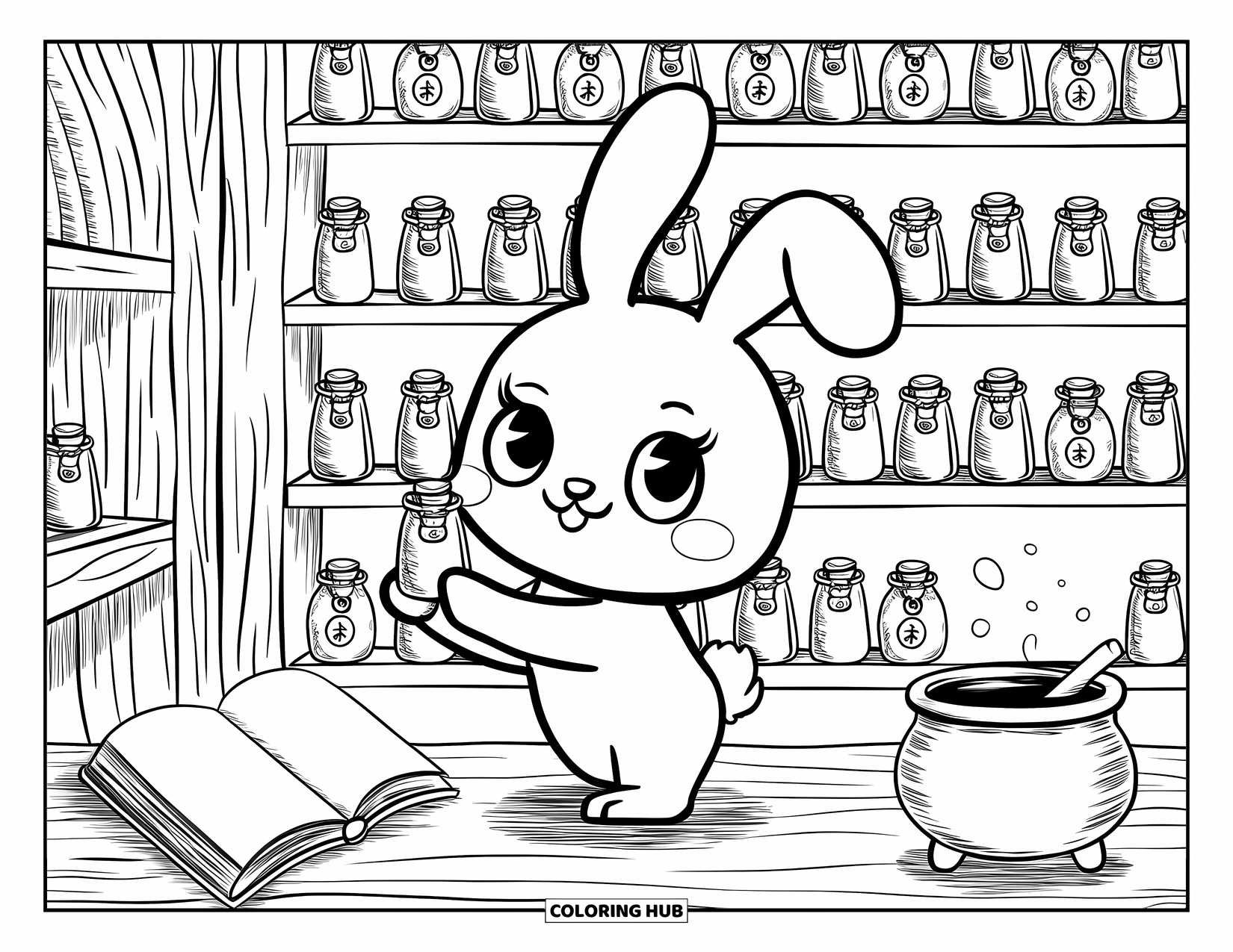 Kolorowanka z Królikiem dla Dorosłych: Króliczek trzyma maleńką butelkę z magicznym eliksirem w przytulnym sklepie wypełnionym oznaczonymi butelkami