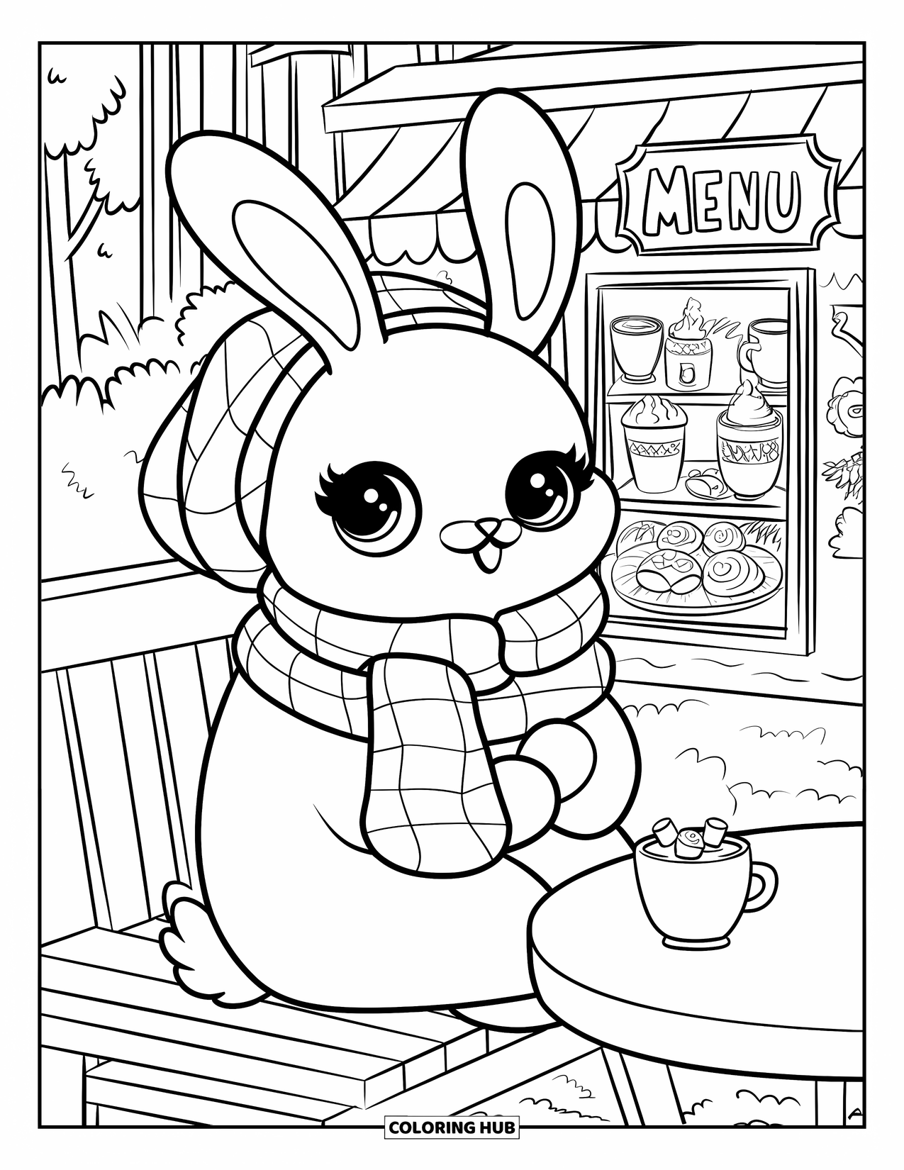 Kolorowanka z Królikiem dla Dorosłych: Króliczek w czapce i szaliku siedzi na ławce w kawiarni, delektując się ciepłym napojem