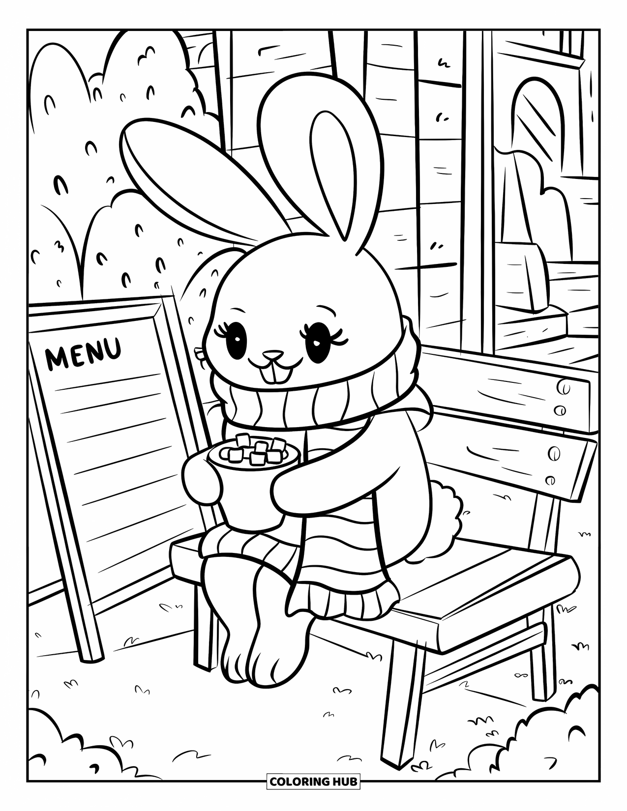 Kolorowanka z króliczkiem dla dorosłych: Króliczek w szaliku siedzi na ławce w kawiarni, popijając gorące kakao z piankami.