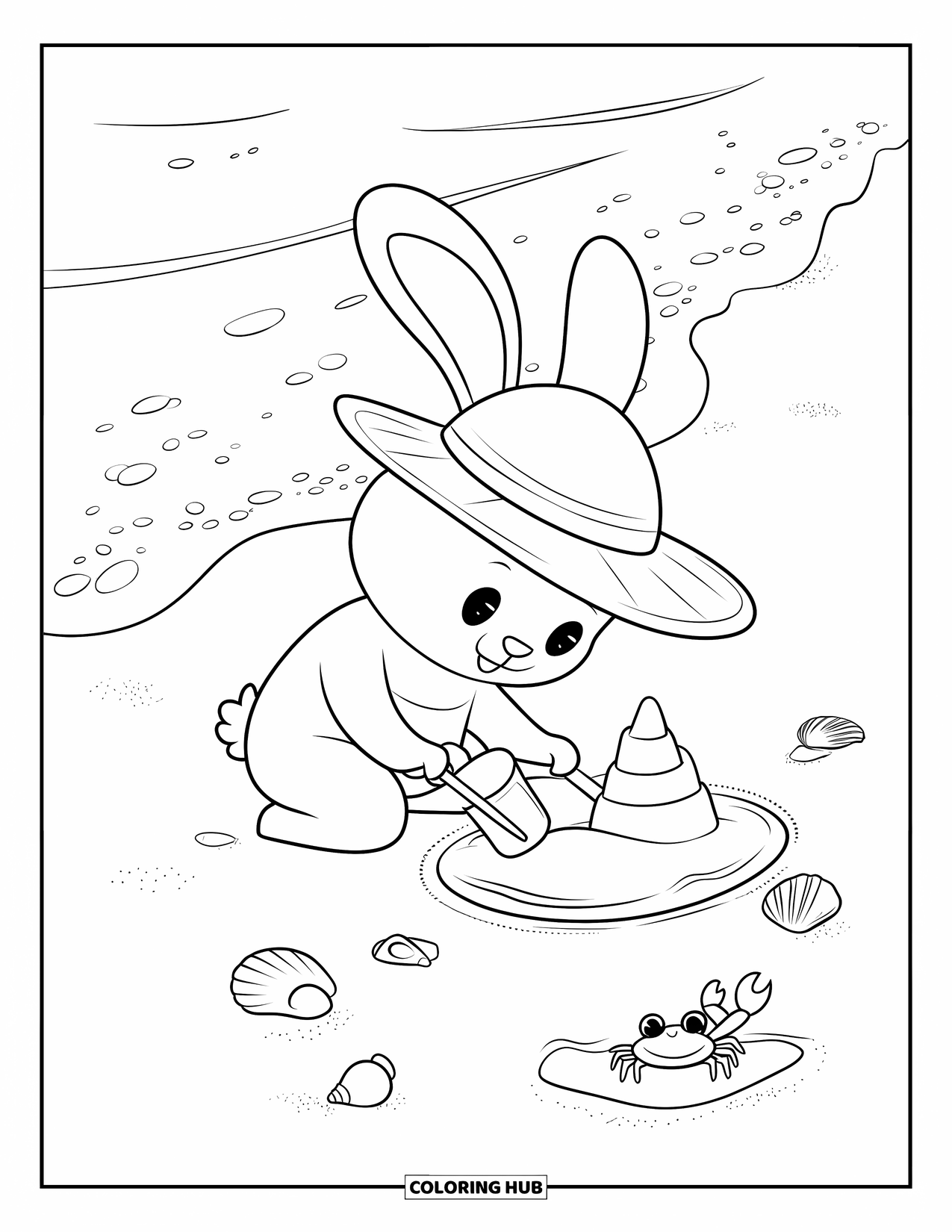 Kolorowanka z króliczkiem dla dorosłych: Króliczek w słomkowym kapeluszu buduje mały zamek z piasku na słonecznej plaży.