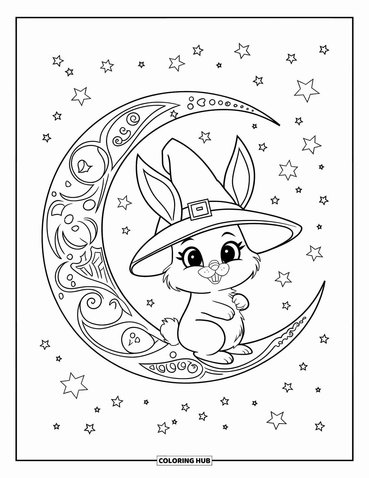 Kolorowanka z króliczkiem dla dorosłych: Króliczek w czapce czarodzieja siedzi na ozdobnym rogaliku księżyca na gwiaździstym niebie.