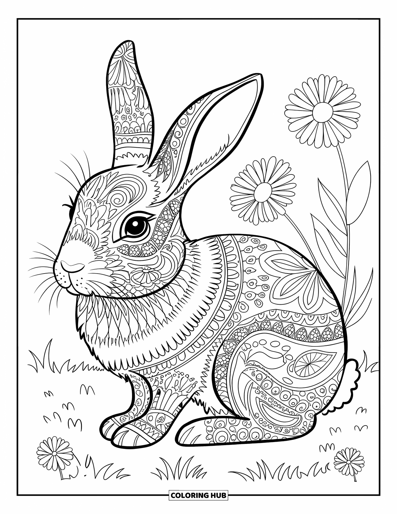 Kolorowanka z króliczkiem dla dorosłych: Króliczek jest pokryty skomplikowanymi wzorami paisley i kwiatowymi, siedząc na trawiastym polu.