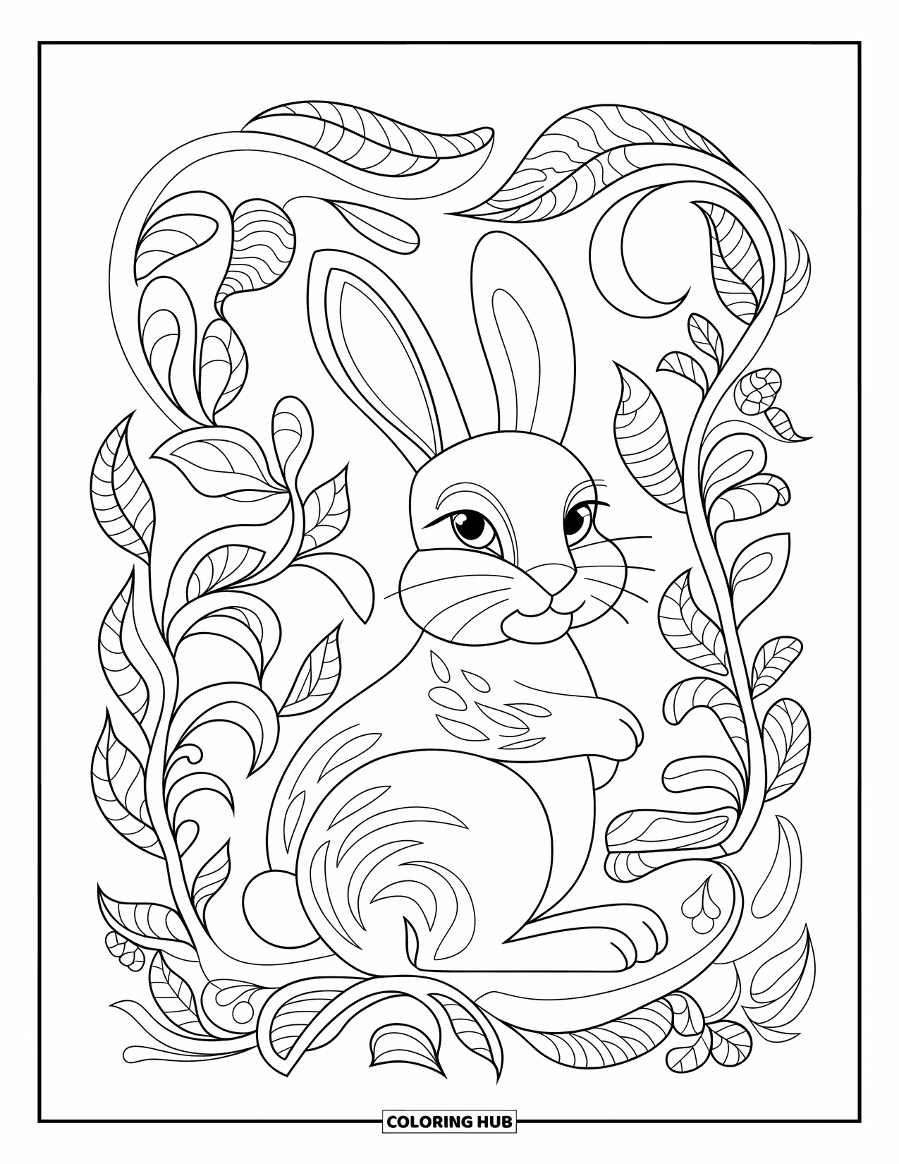 Kolorowanka z króliczkiem dla dorosłych: Króliczek jest otoczony wirującymi pnączami i liśćmi w szczegółowej scenerii przyrodniczej.