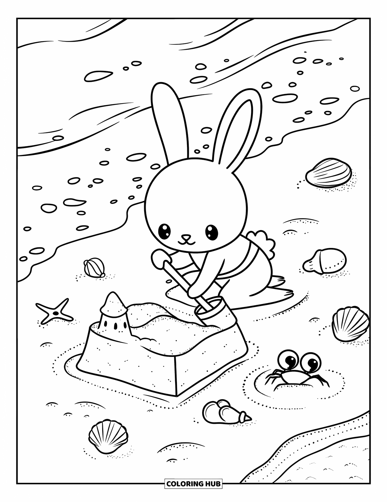 Kolorowanka z króliczkiem dla dorosłych: Króliczek klęczy w piasku, ostrożnie formując mały zamek z piasku za pomocą wiaderka i łopatki.