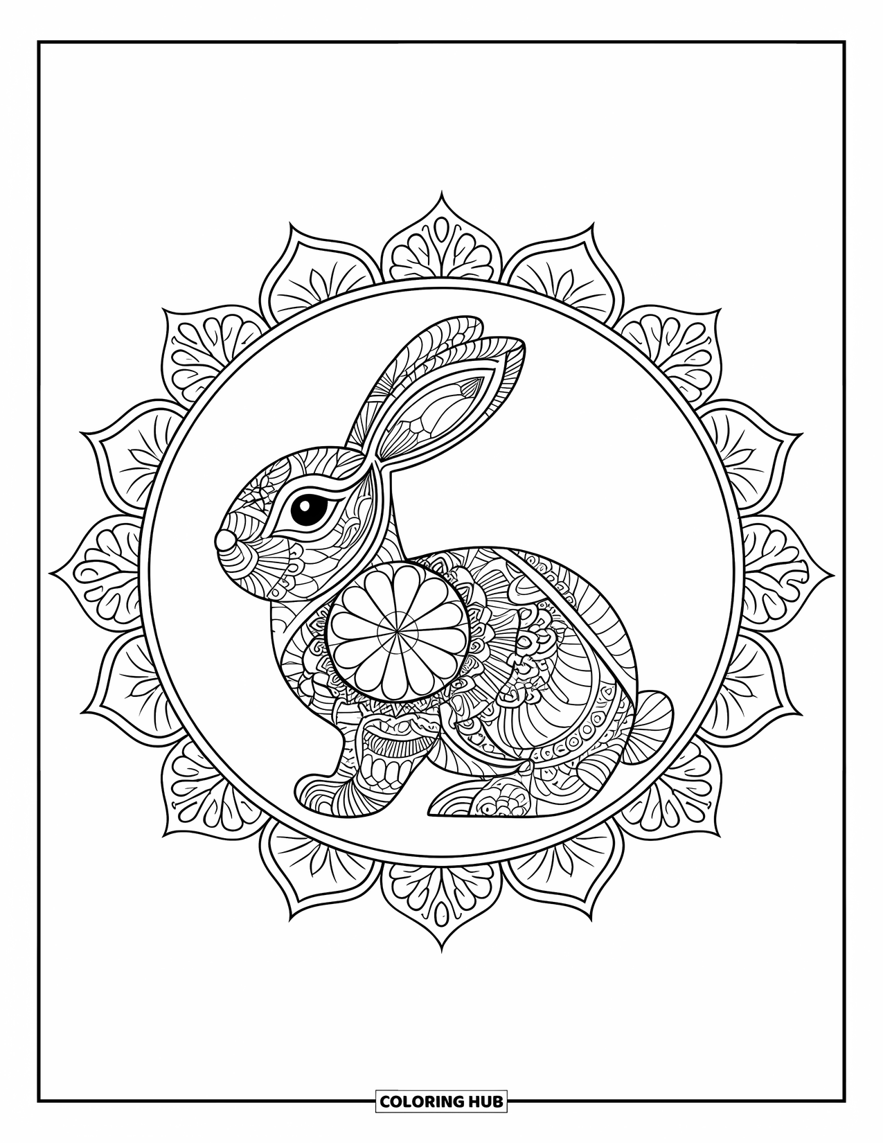 Kolorowanka z króliczkiem dla dorosłych: Mandala z króliczkiem zawiera wyszukaną mieszankę kwiatowych i geometrycznych kształtów.
