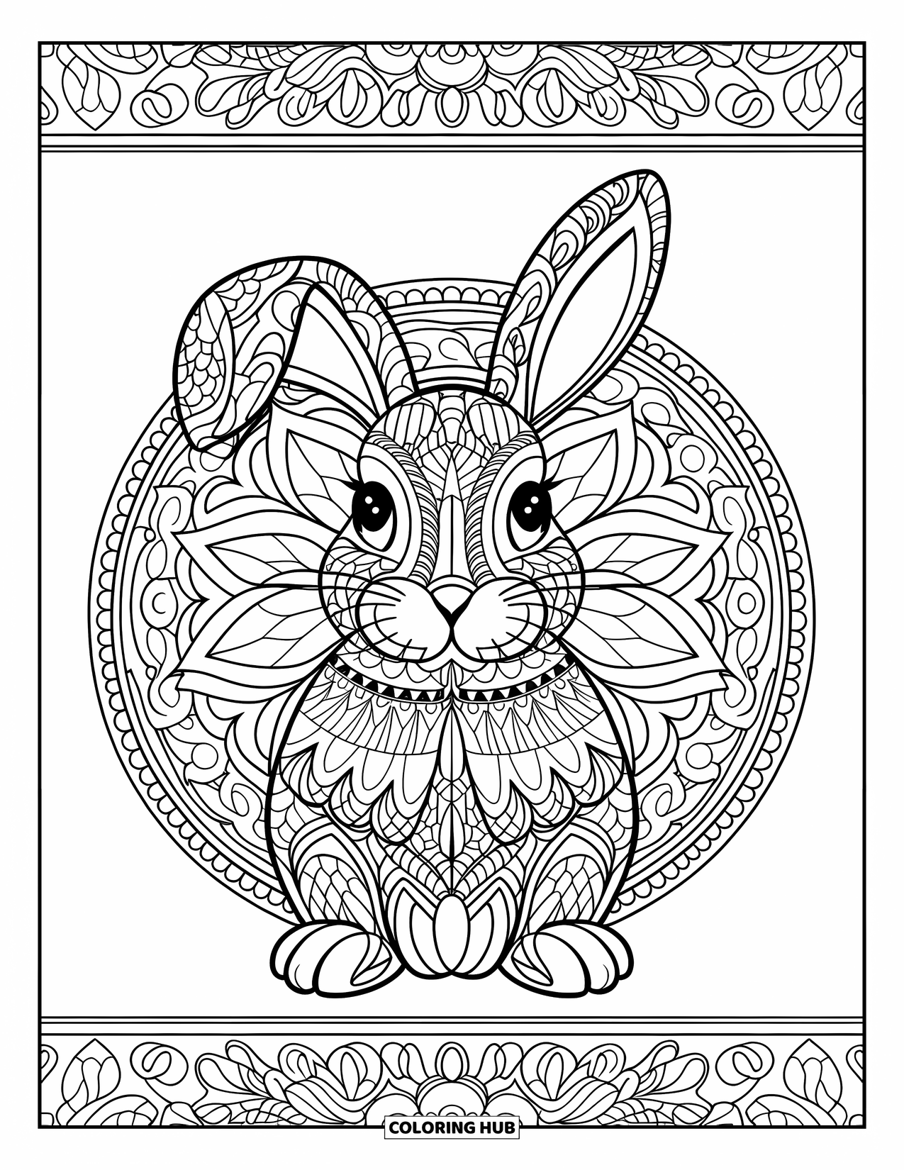 Kolorowanka z króliczkiem dla dorosłych: Mandala z króliczkiem z kwiatowymi i geometrycznymi wzorami jest oprawiona dekoracyjną obwódką.