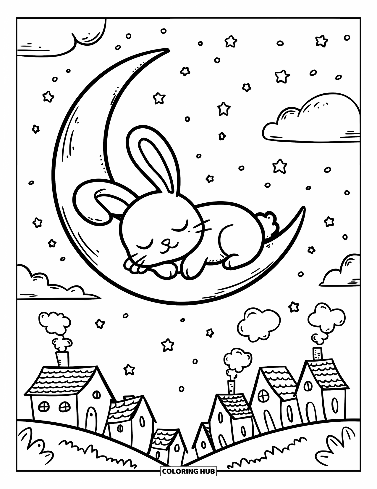 Kolorowanka z Królikiem dla Dorosłych: Króliczek spokojnie śpi na księżycu w kształcie rogalika nad małymi domkami z dymem z komina