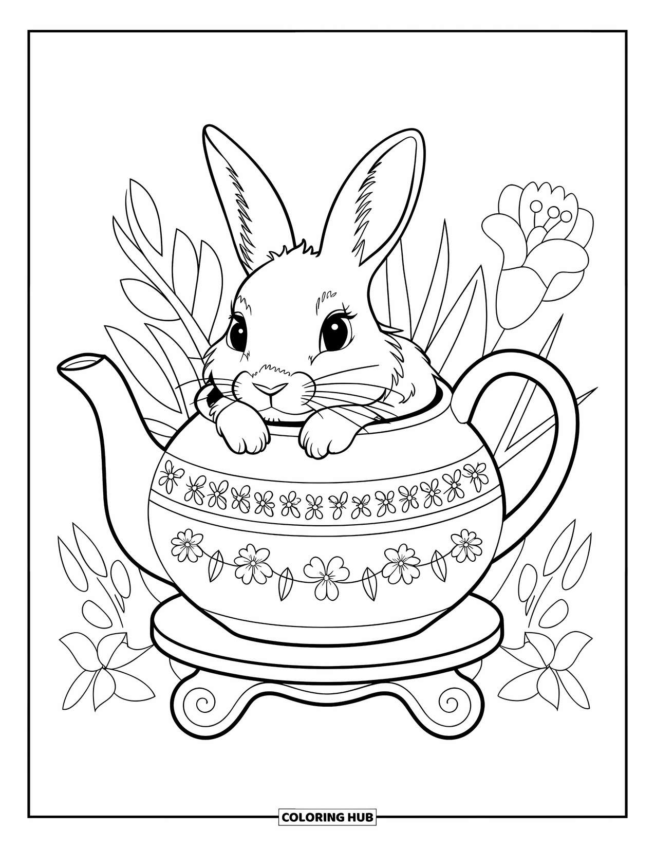 Kolorowanka z króliczkiem dla dorosłych: Króliczek wygląda z wnętrza imbryka z kwiatowym grawerem, stojącego na drewnianym stojaku.