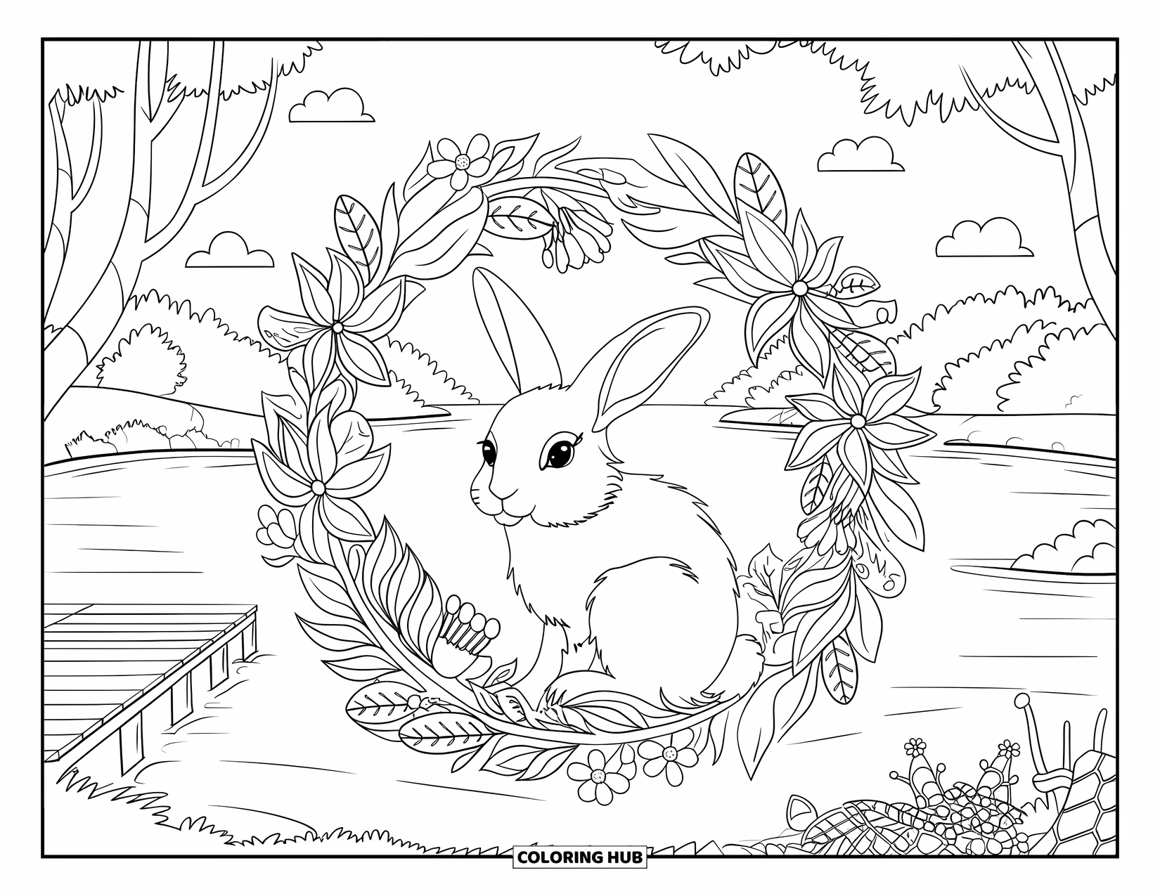 Kolorowanka z króliczkiem dla dorosłych: Króliczek odpoczywa w kwiatowym wieńcu ze spokojnym jeziorem i drzewami w tle.