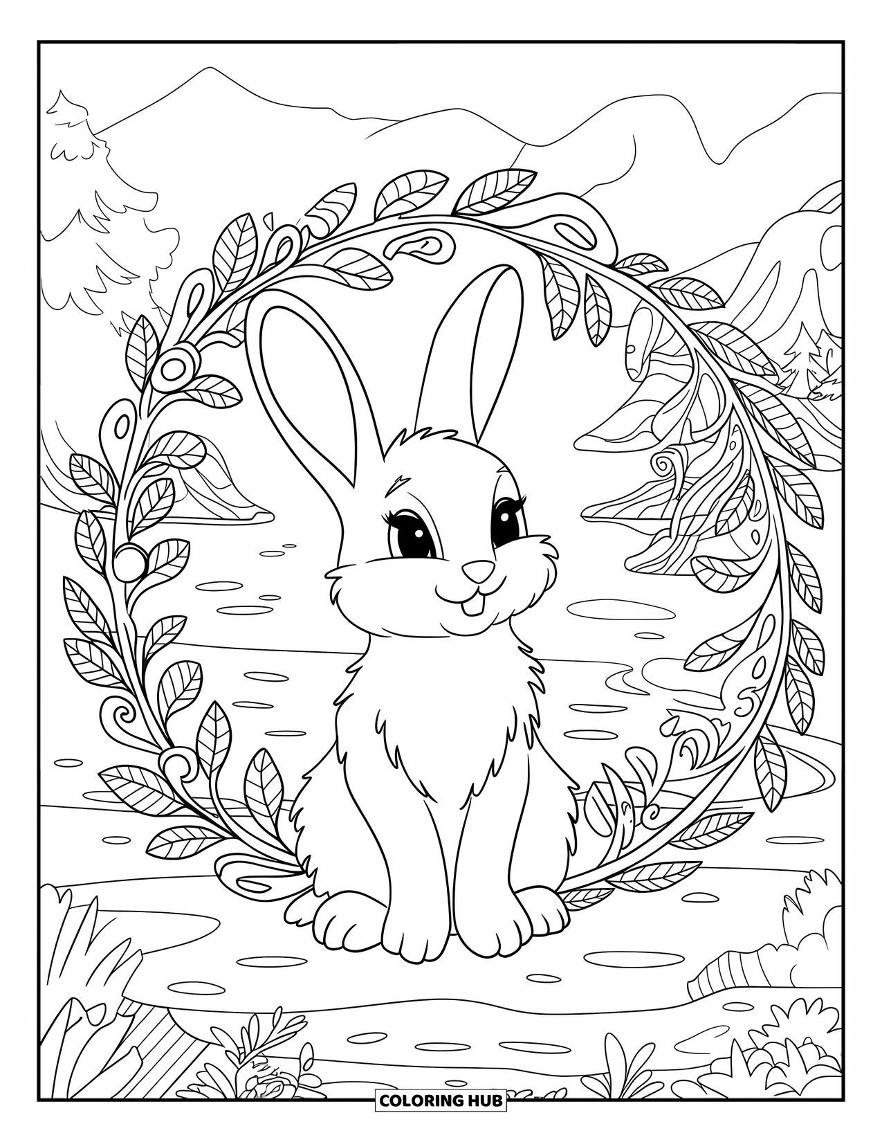 Kolorowanka z króliczkiem dla dorosłych: Króliczek odpoczywa wewnątrz dekoracyjnego kręgu z pnączy, otoczony spokojnym krajobrazem.