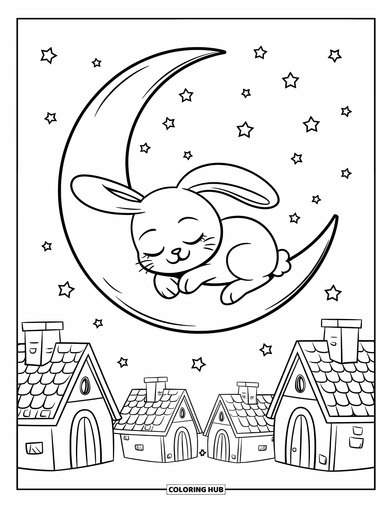 Kolorowanka z Królikiem dla Dorosłych: Króliczek odpoczywa na księżycu w kształcie rogalika, otoczony gwiazdami i puszystymi chmurami