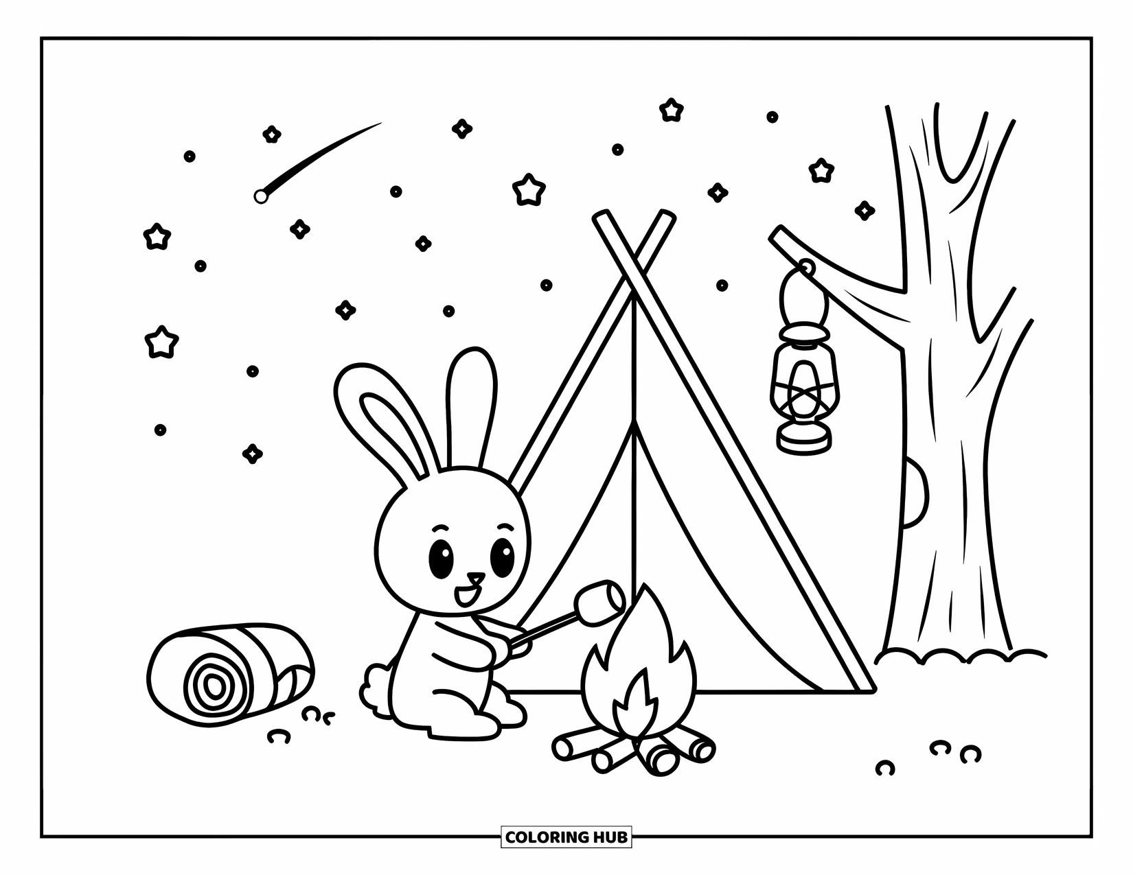 Kolorowanka z króliczkiem dla dorosłych: Króliczek piecze piankę nad ogniskiem obok małego namiotu pod gwiazdami.