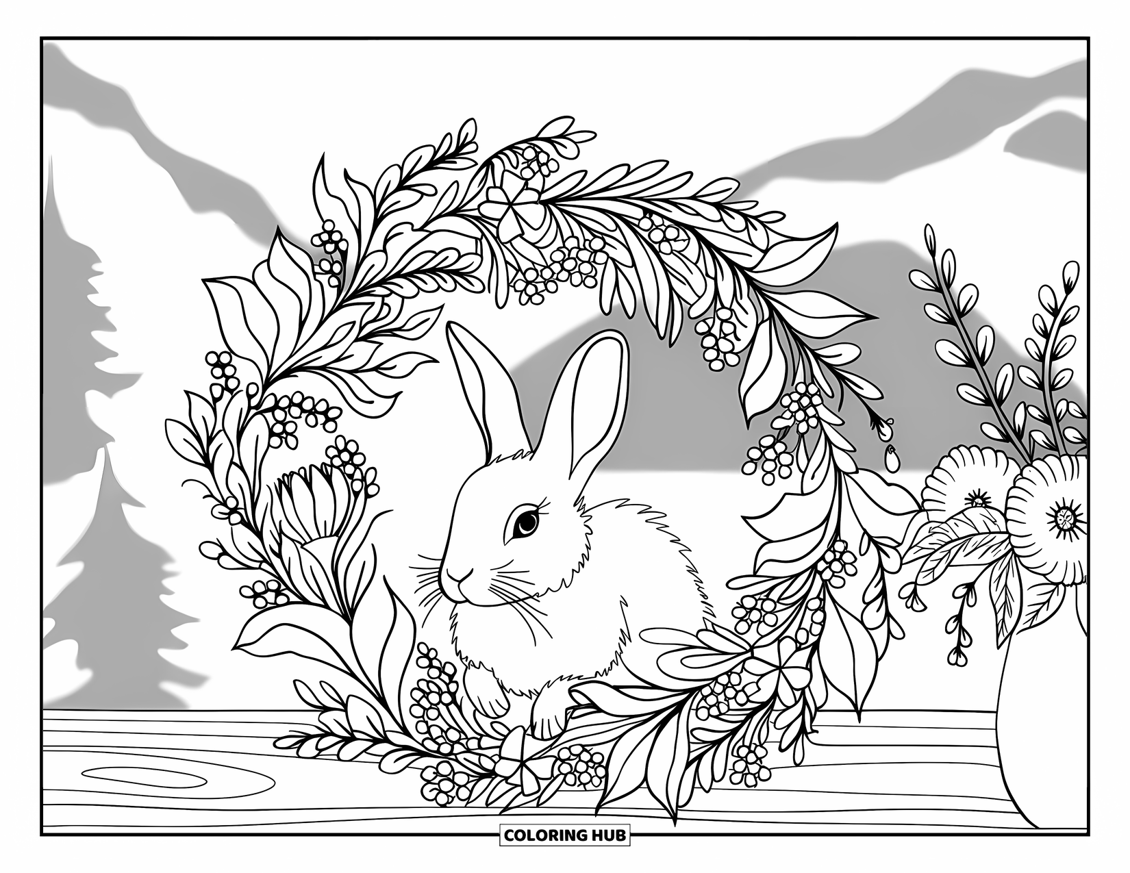 Kolorowanka z króliczkiem dla dorosłych: Króliczek siedzi w wieńcu z kwiatów umieszczonym na drewnianym stole obok wazonu.