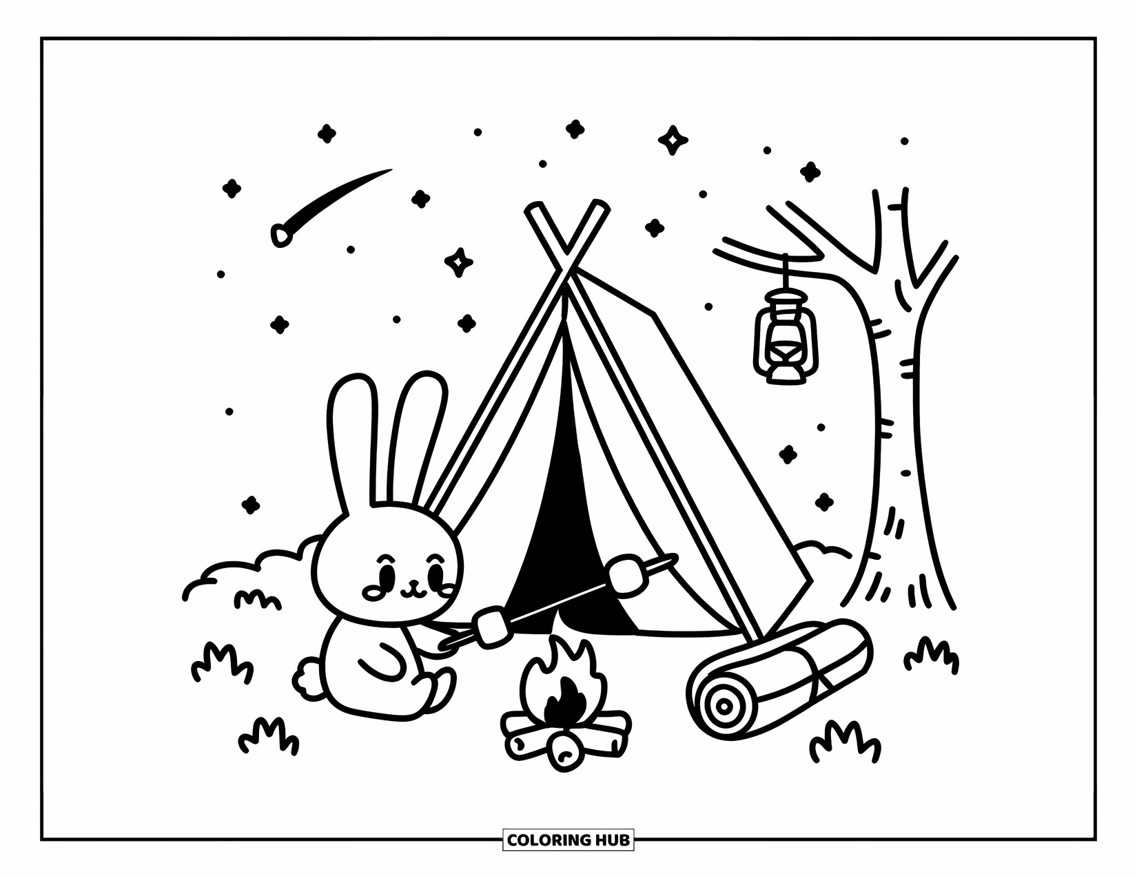 Kolorowanka z Królikiem dla Dorosłych: Króliczek siedzi przed namiotem, piekąc piankę marshmallow pod rozgwieżdżonym niebem
